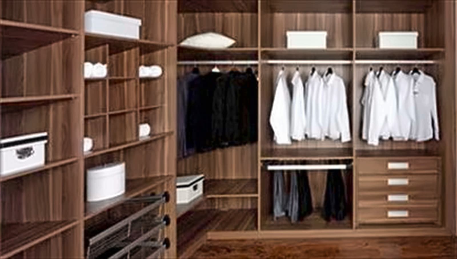 Completed Roomidea custom closet with dark wood shelving, drawers, and hanging storage