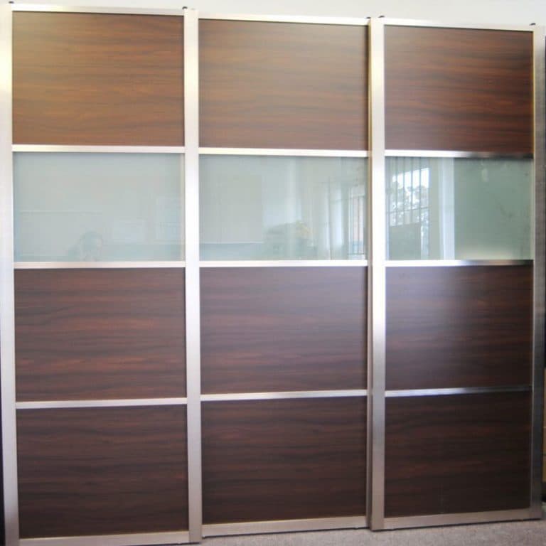 Completed Roomidea sliding closet doors with wood panels and frosted glass inserts