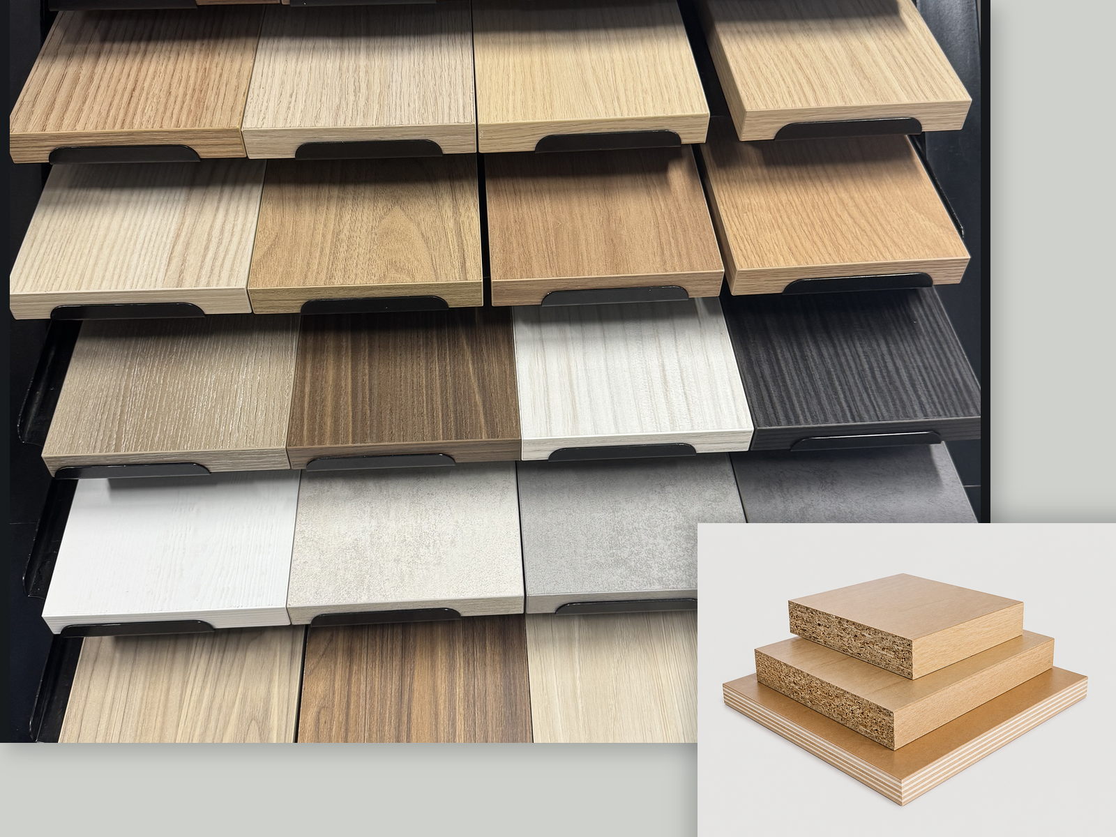 Roomidea showroom decorative-panel colour and woodgrain samples with cabinet-board construction details