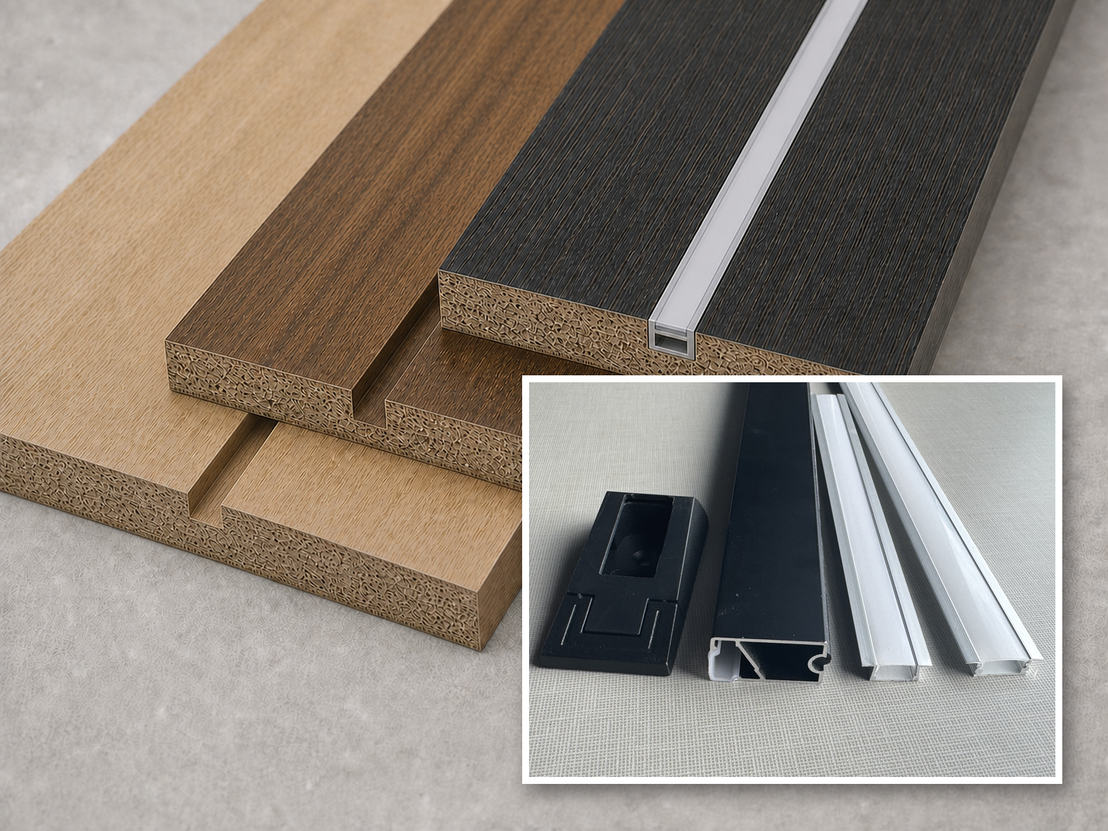 CNC-cut lighting channels in 18 mm cabinet panels with an embedded aluminum profile, diffuser, hanging-rod profile and holder