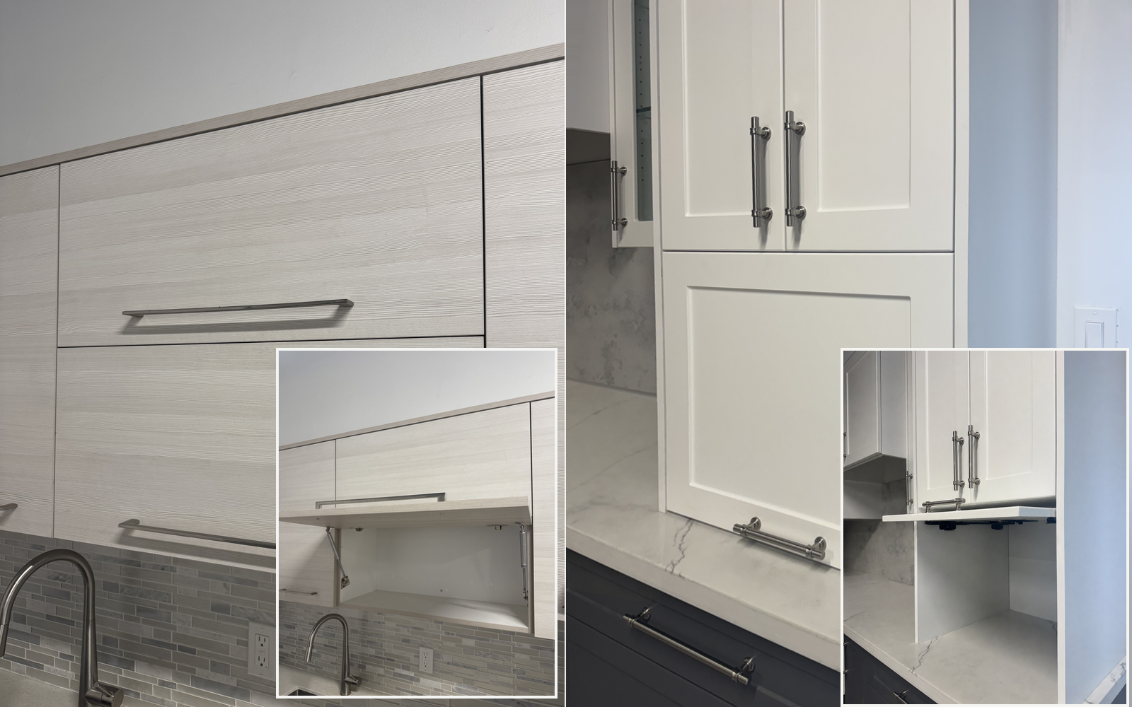 Kitchen cabinet lift-up doors shown closed and open with concealed motion hardware