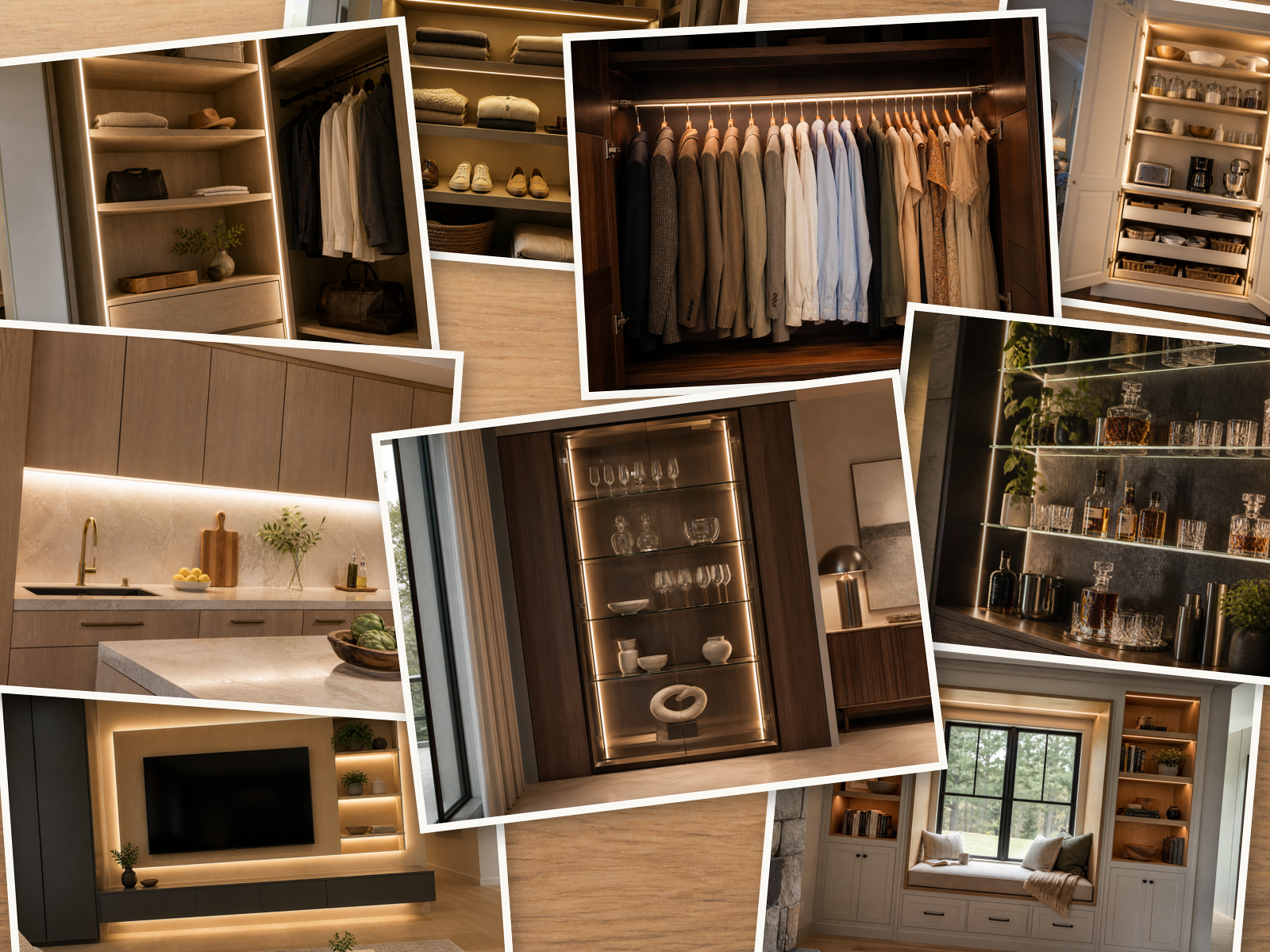 Collage of integrated lighting in closet verticals, shelves, hanging rods, cabinet interiors, kitchen wall cabinets, display cabinetry, glass shelves, a TV wall and custom built-ins
