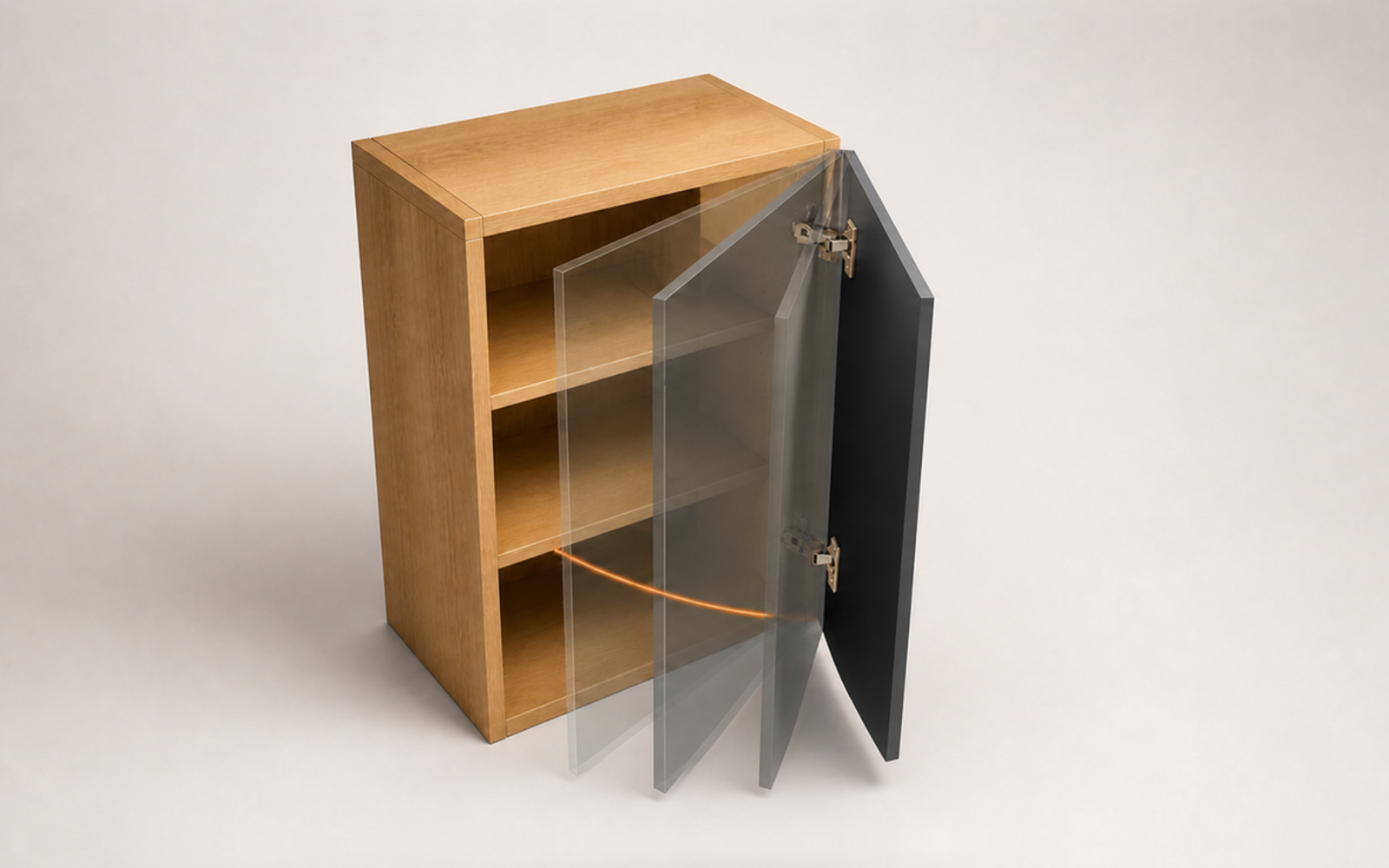 Wood cabinet door shown in multiple closing positions with concealed soft-close hinges