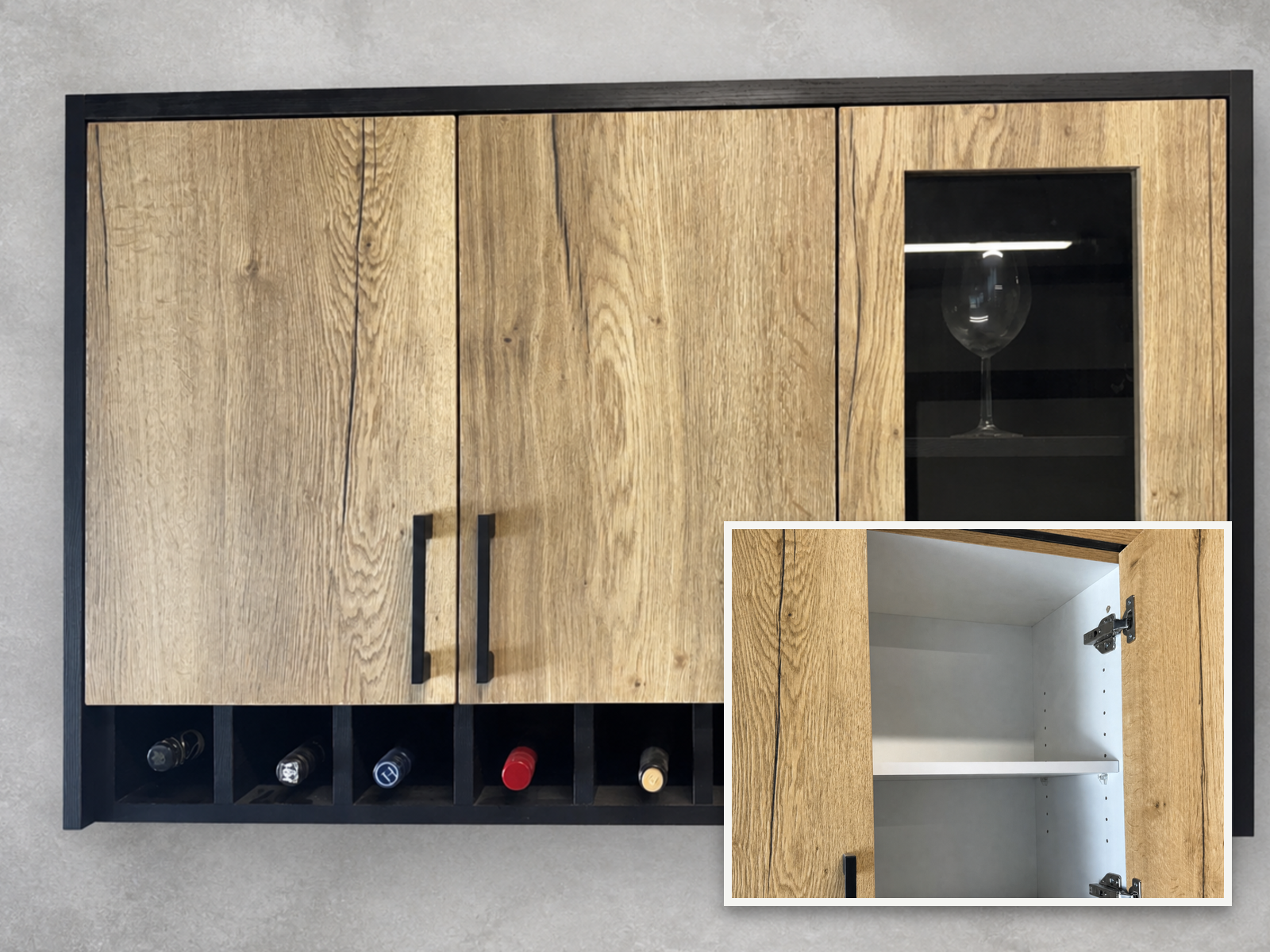 Roomidea wood-finish cabinet with white melamine-faced particleboard interior shown open and closed