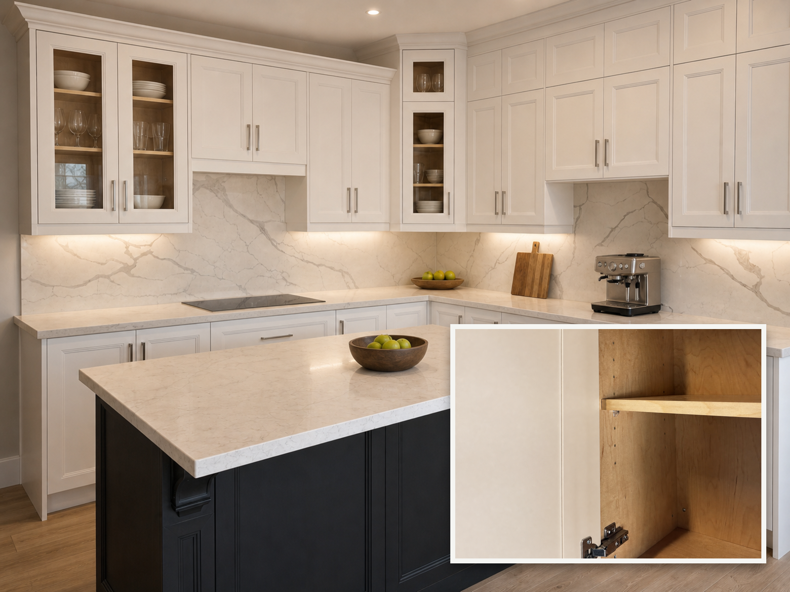 White wood-based kitchen cabinetry with a pre-finished plywood cabinet interior shown open