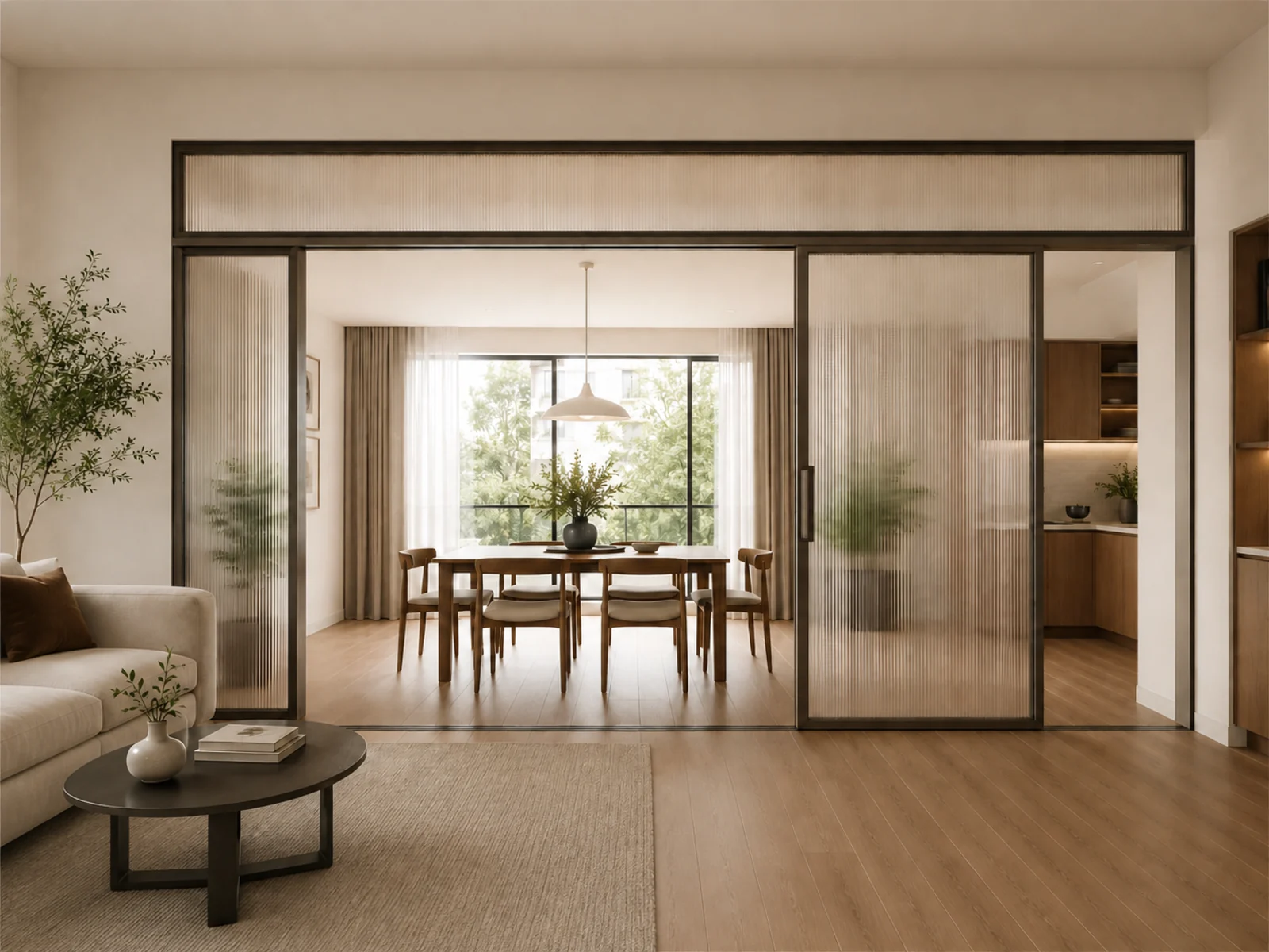 Floor-track sliding room divider with black-framed glass panels and a fixed upper transom.