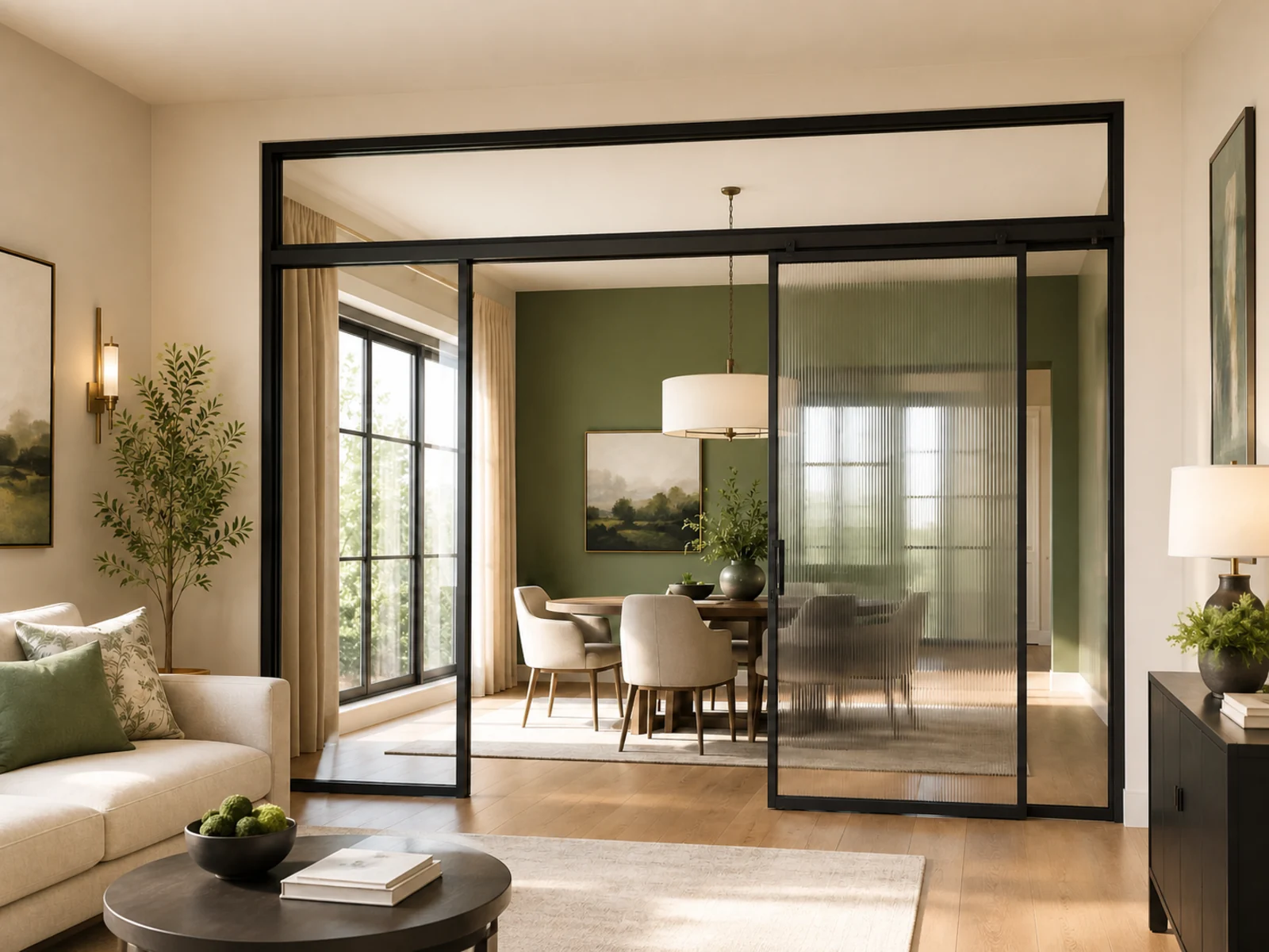 Top-hung sliding room divider with a fixed upper transom and black-framed glass panels.