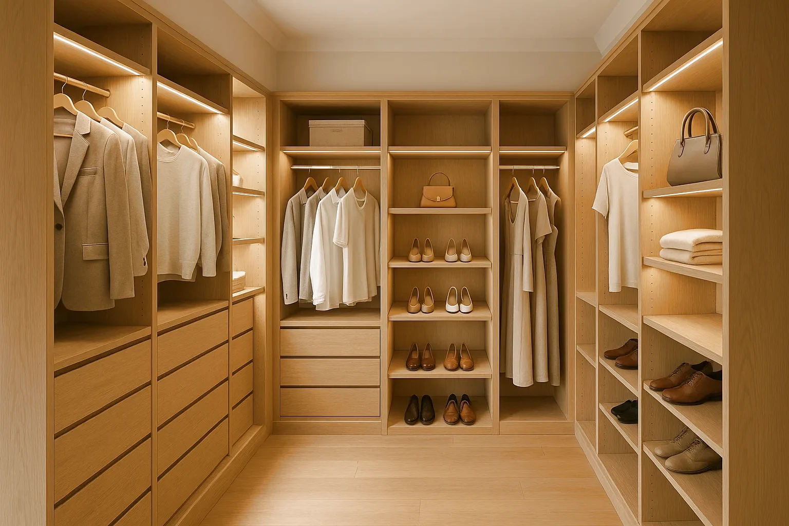 Custom walk-in closet with built-in cabinetry, hanging sections, drawers, open shelving, shoe storage, and warm integrated lighting.