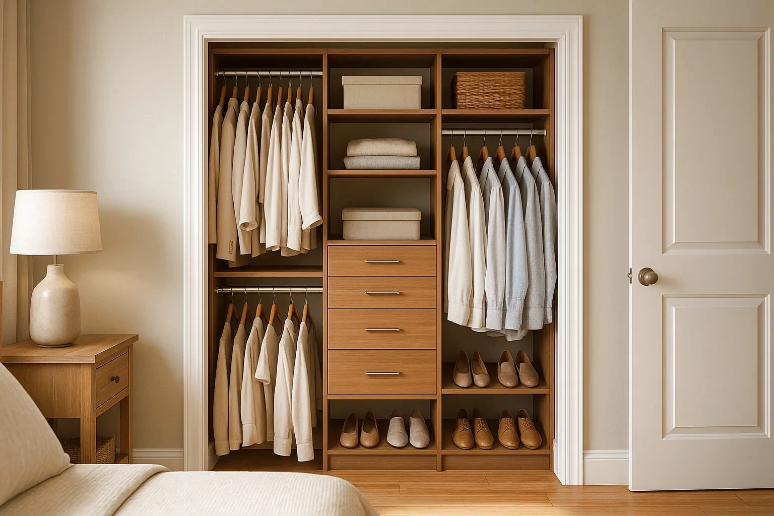Custom reach-in closet with organized hanging sections, drawers, shelves, shoe storage, and practical built-in storage details.