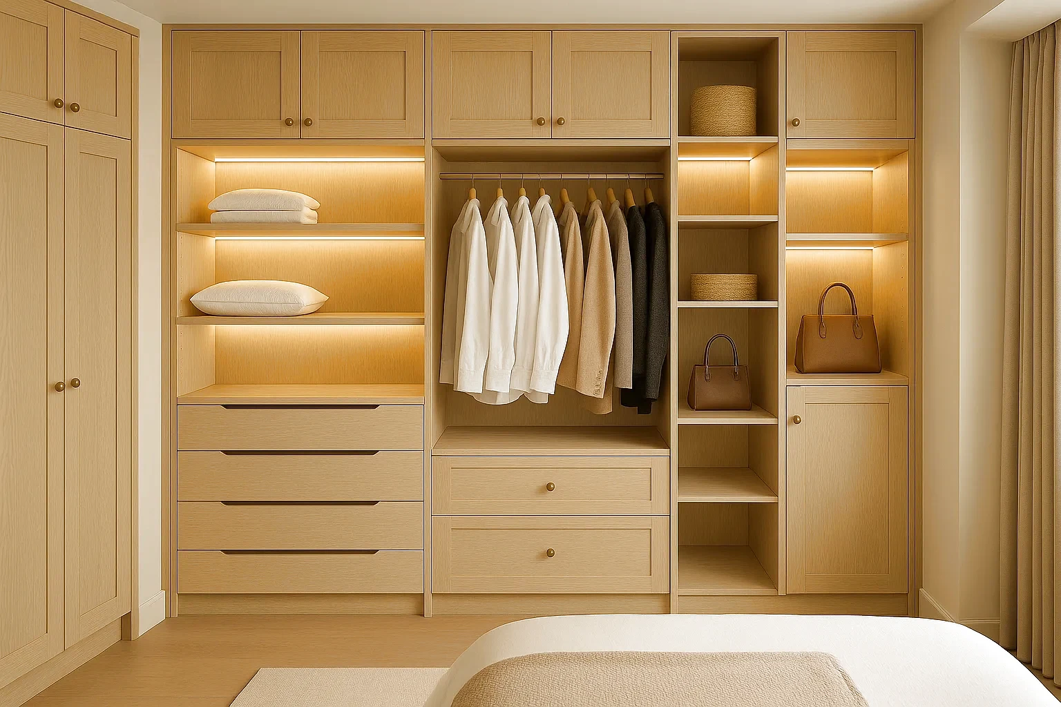 Custom wardrobe storage wall with coordinated doors, drawers, open shelving, hanging space, and integrated bedroom storage details.