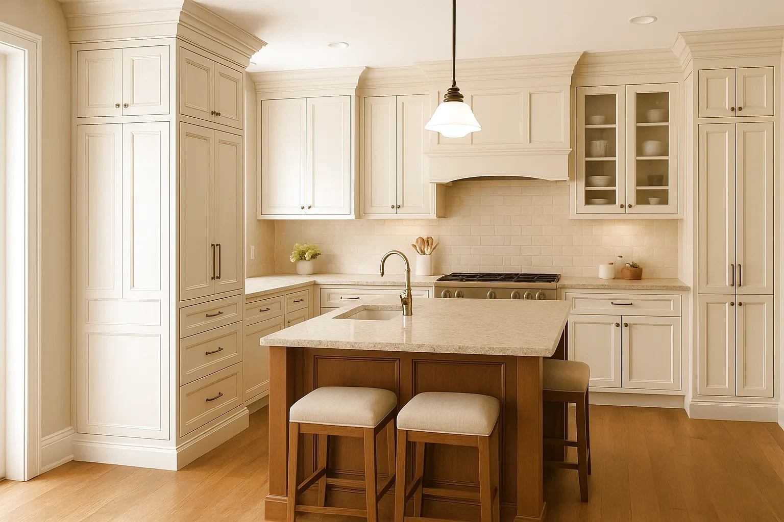 Traditional kitchen cabinetry with detailed door profiles, layered crown moulding, glass display cabinets, and an architectural island.