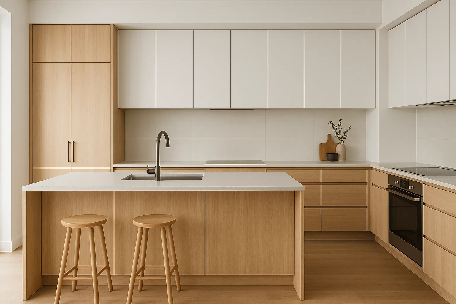 Modern kitchen cabinetry with flat-panel white and wood fronts, clean geometry, streamlined hardware, and integrated storage.