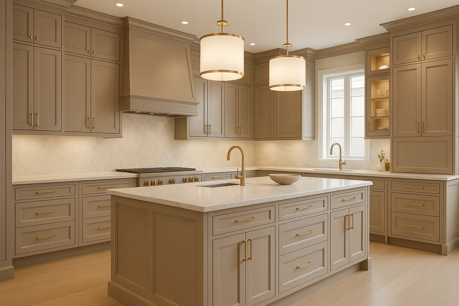 Traditional kitchen design concept with framed doors, elaborate crown detail, a decorative hood, glass cabinets, and a detailed island.