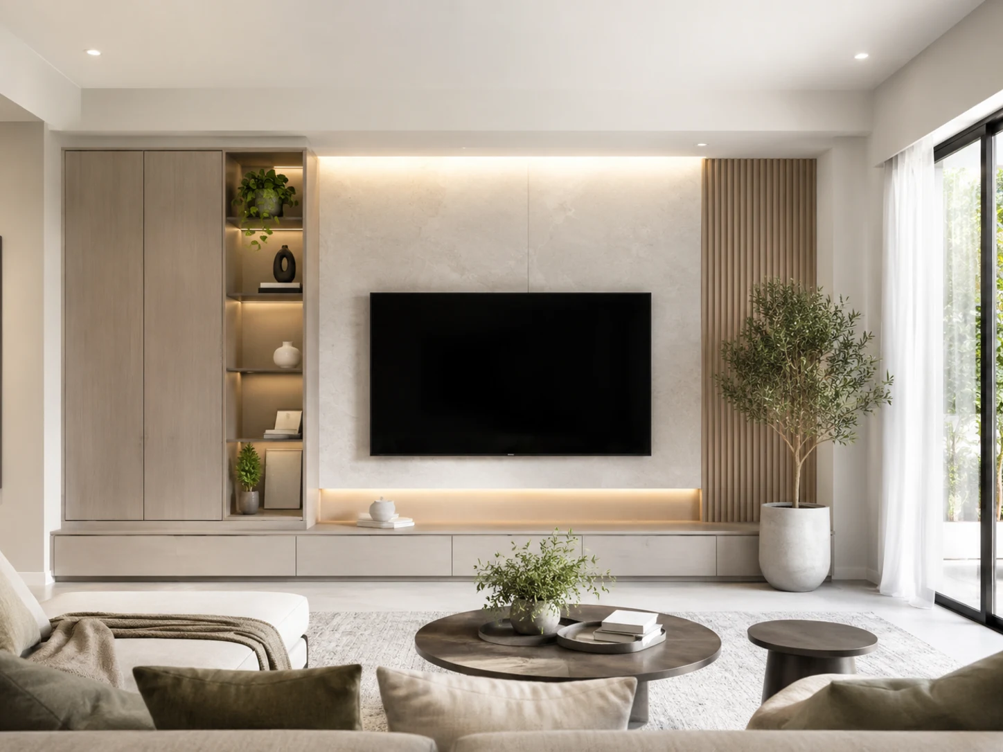 Custom built-in TV wall and entertainment unit with warm wood paneling, integrated storage, LED lighting, and indoor plant decor.