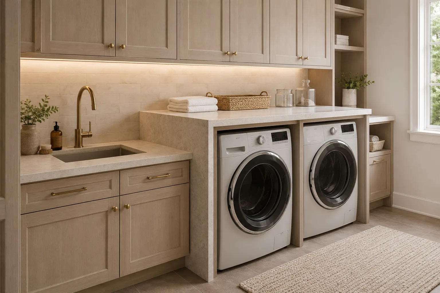 Custom laundry room cabinetry with utility sink, two-level waterfall countertop, washer and dryer support panel, upper cabinets, folding counter, and organized storage.