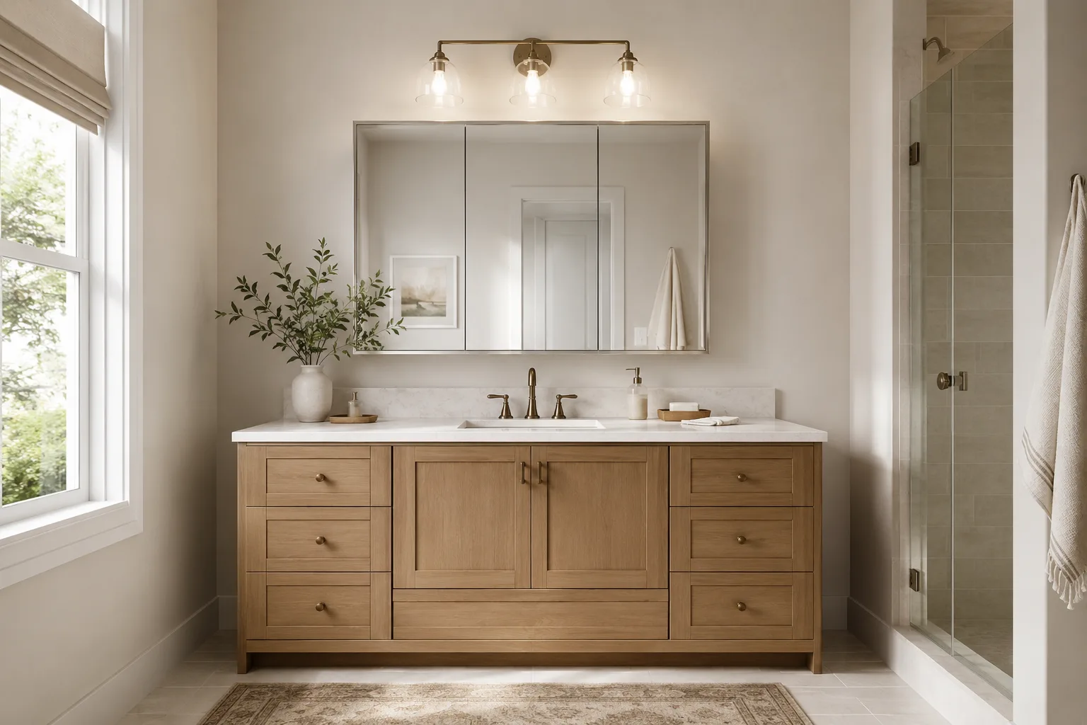 Custom bathroom vanity and medicine cabinet storage with complete mirrored cabinet, wall light, drawers, sink counter, and warm residential cabinetry.