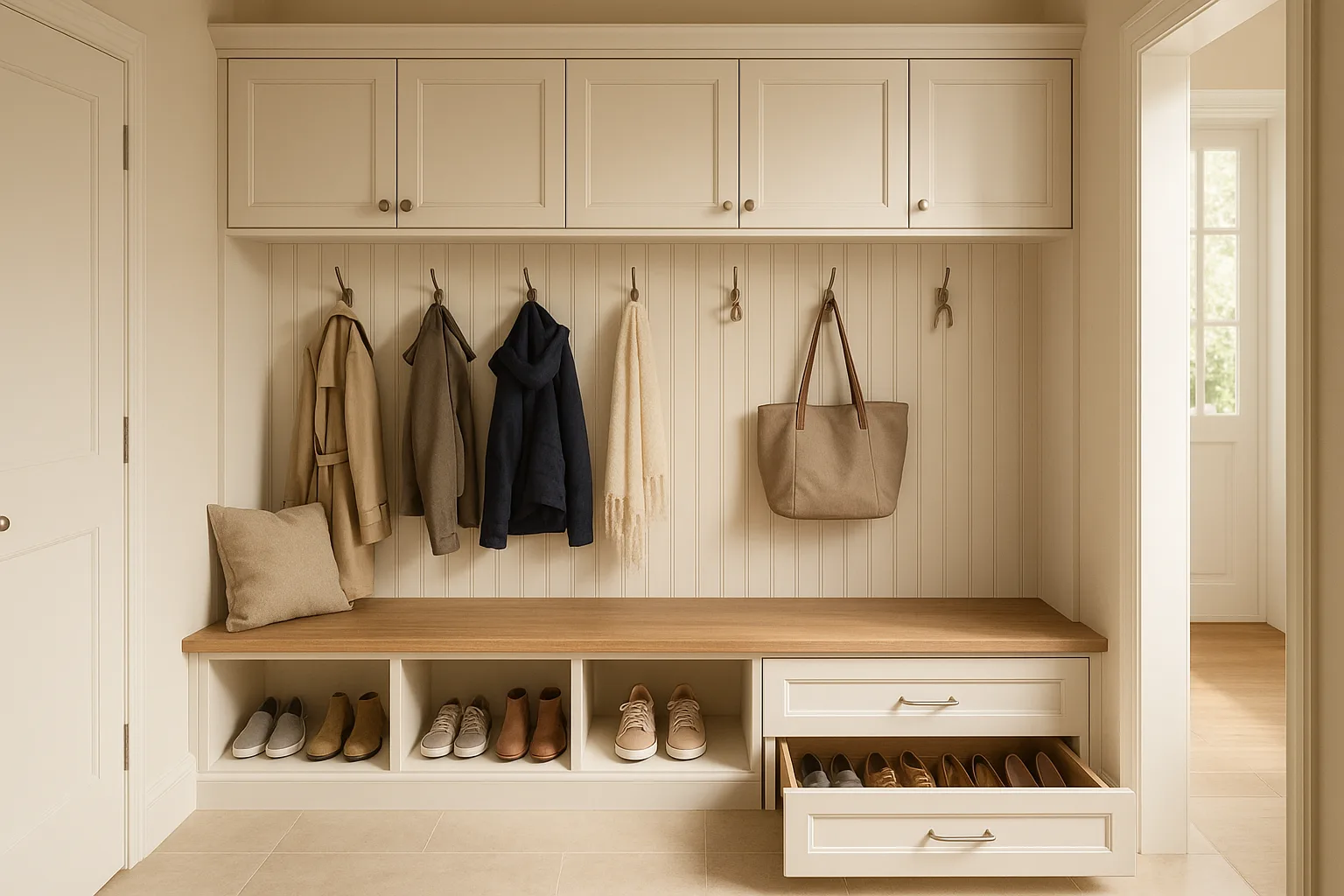 Custom mudroom closet with built-in bench, hooks, upper cabinets, shoe drawers, open cubbies, and organized entry storage.
