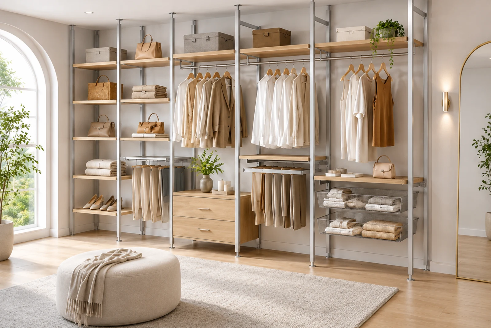Aluminum frame closet system with silver vertical posts, wood shelves, hanging rods, drawers, baskets, and floor-mounted supports