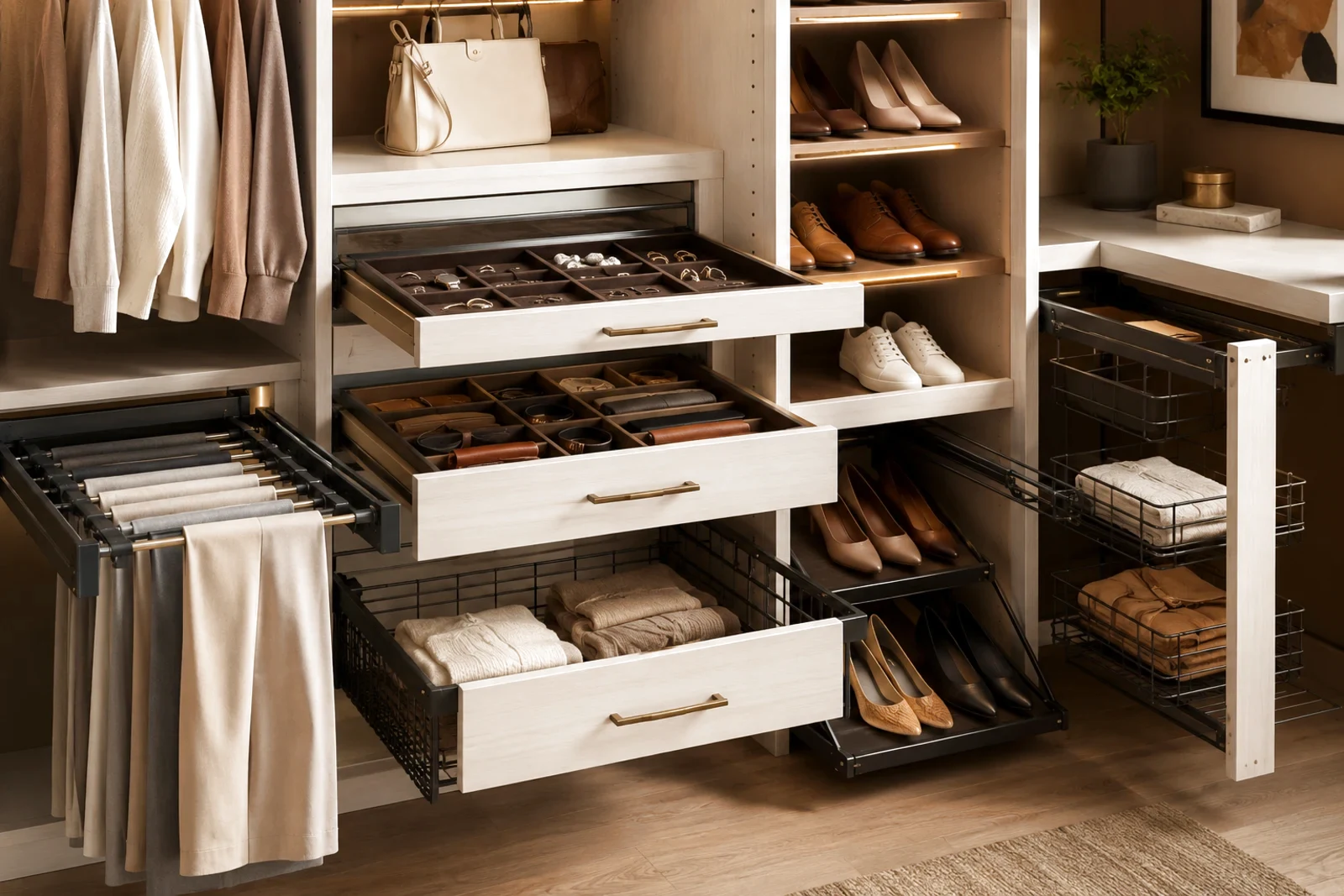 Custom closet components and accessories with drawers, jewelry trays, hanging rods, pants rack, pull-out baskets, shoe shelves, and organized wardrobe storage