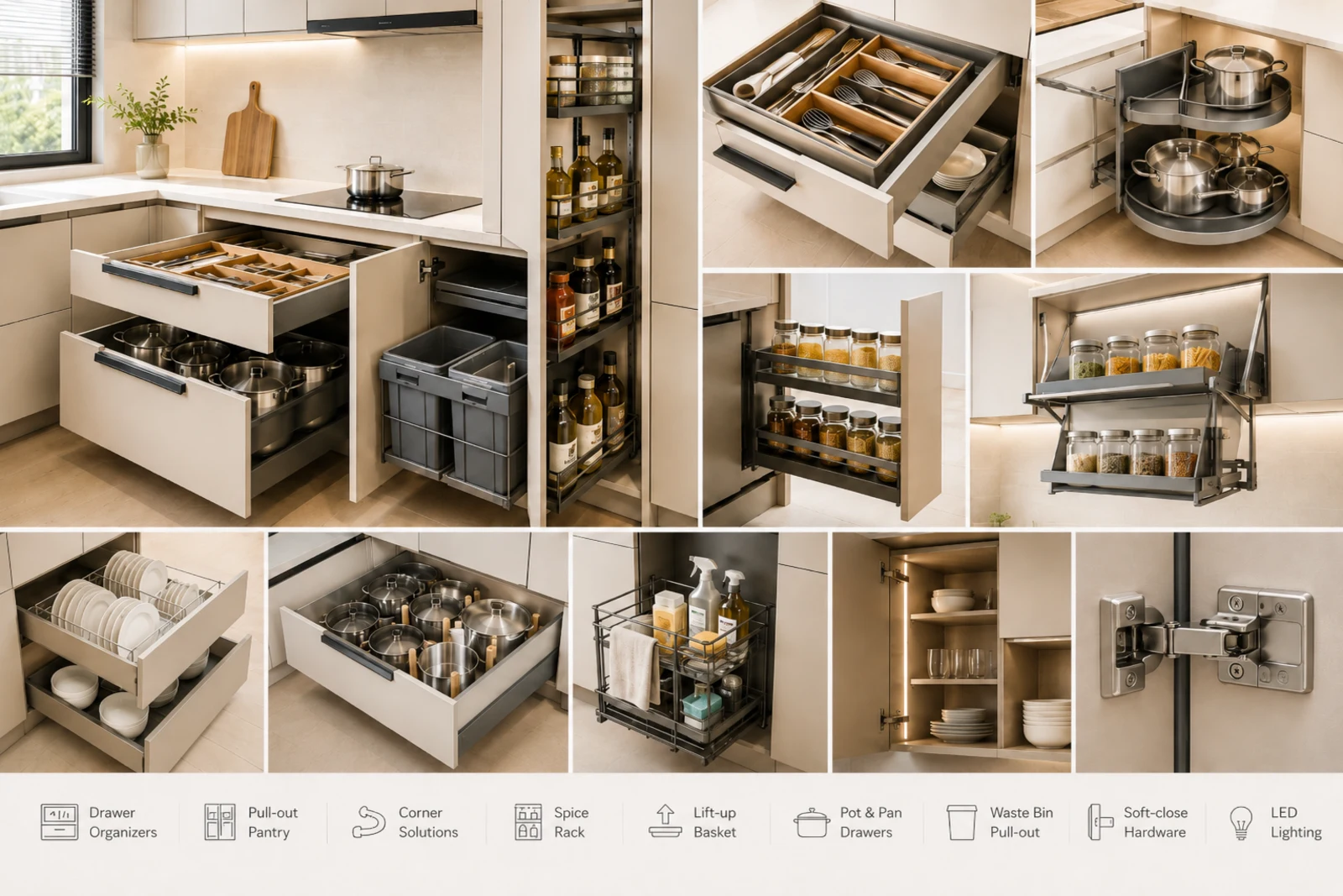 Kitchen storage accessories including drawer organizers, pull-out pantry storage, corner solutions, inner drawers, and waste-bin pull-outs.