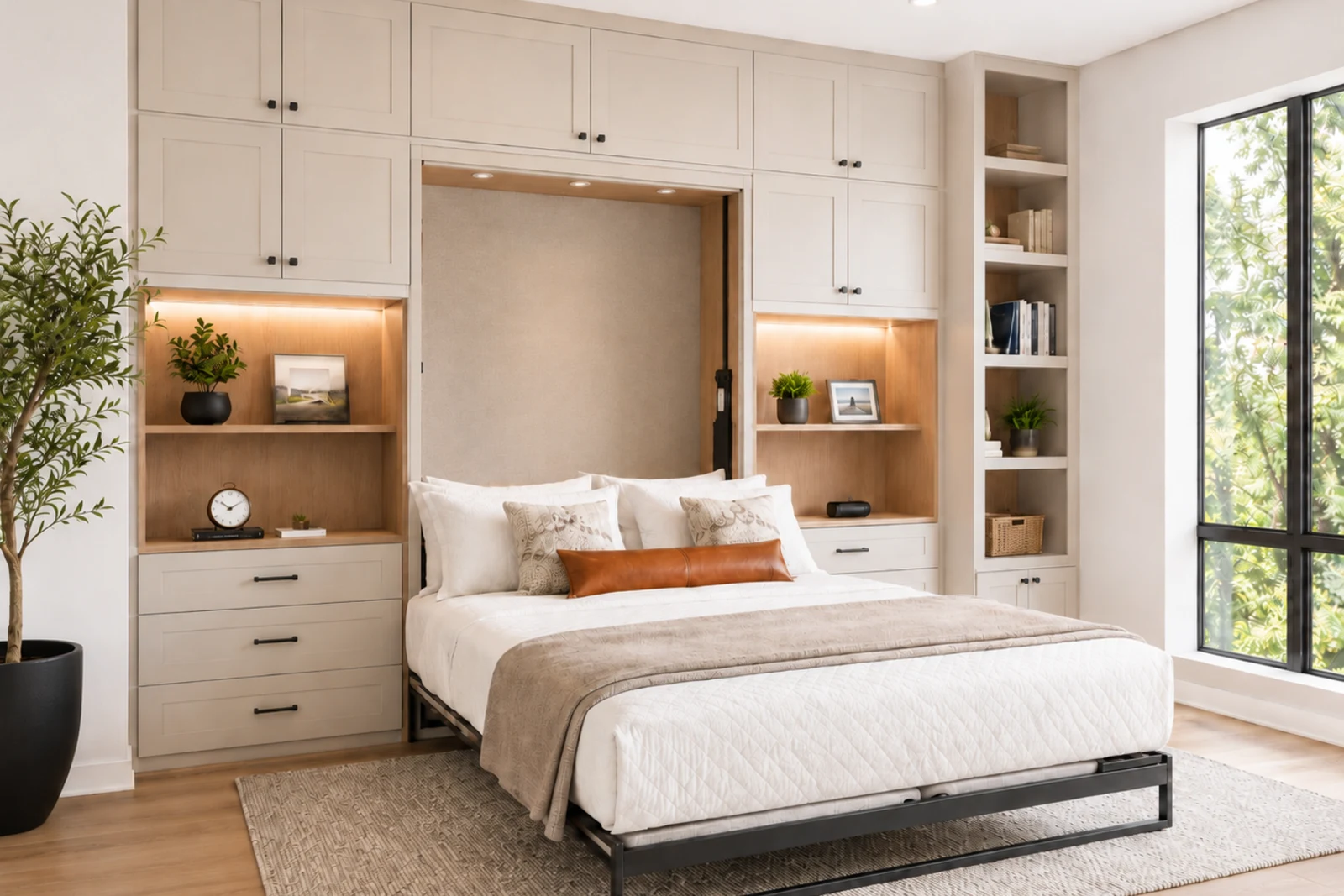 Folding bed cabinet with Murphy bed lowered from a wall cabinet, open vertical storage cavity above the bed head for bed stowage, recessed bedside display niches with LED lighting, and surrounding custom cabinets