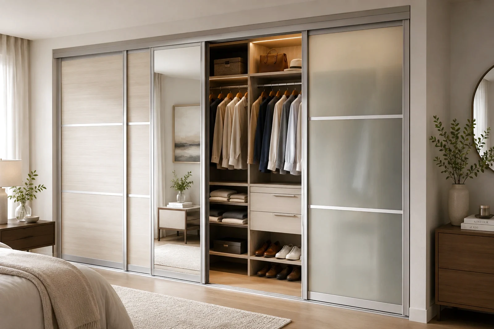 Closet sliding door concept with framed panels, mirror, glass, and bedroom storage context.