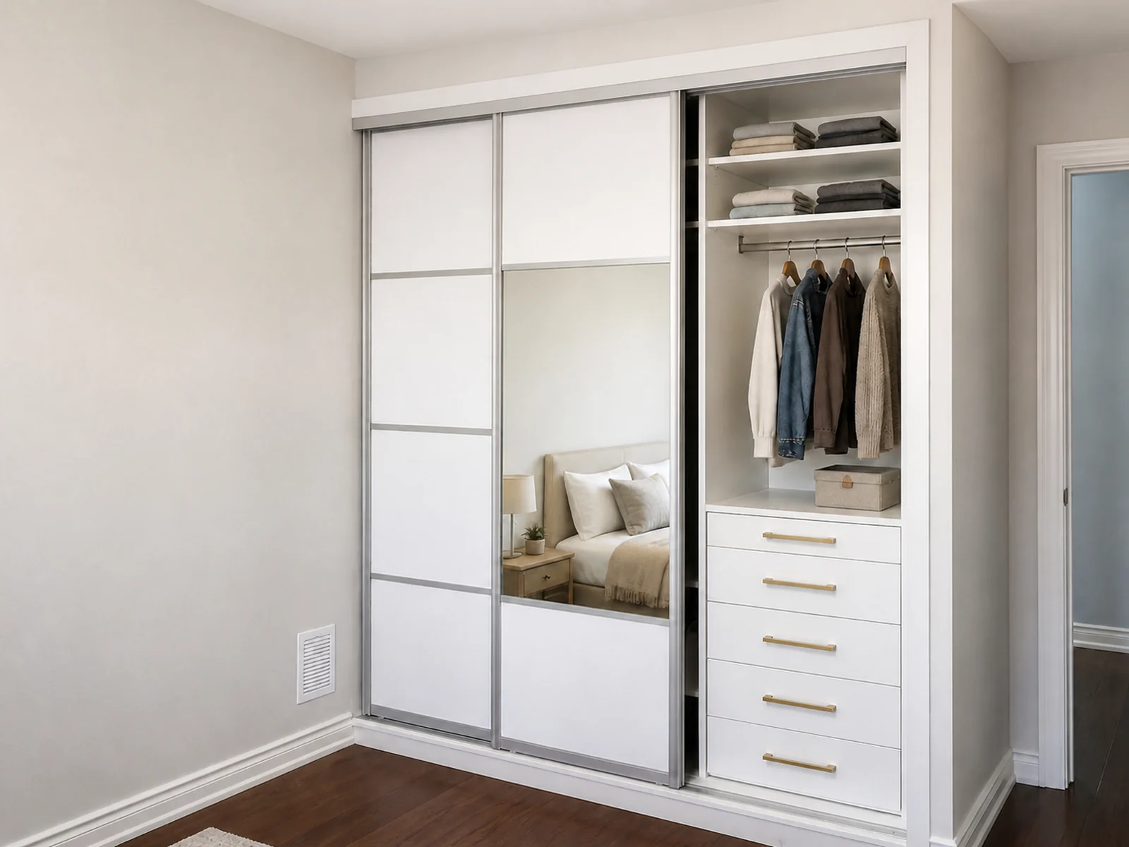 Sliding mirror and solid panels integrated into a fitted bedroom wardrobe.