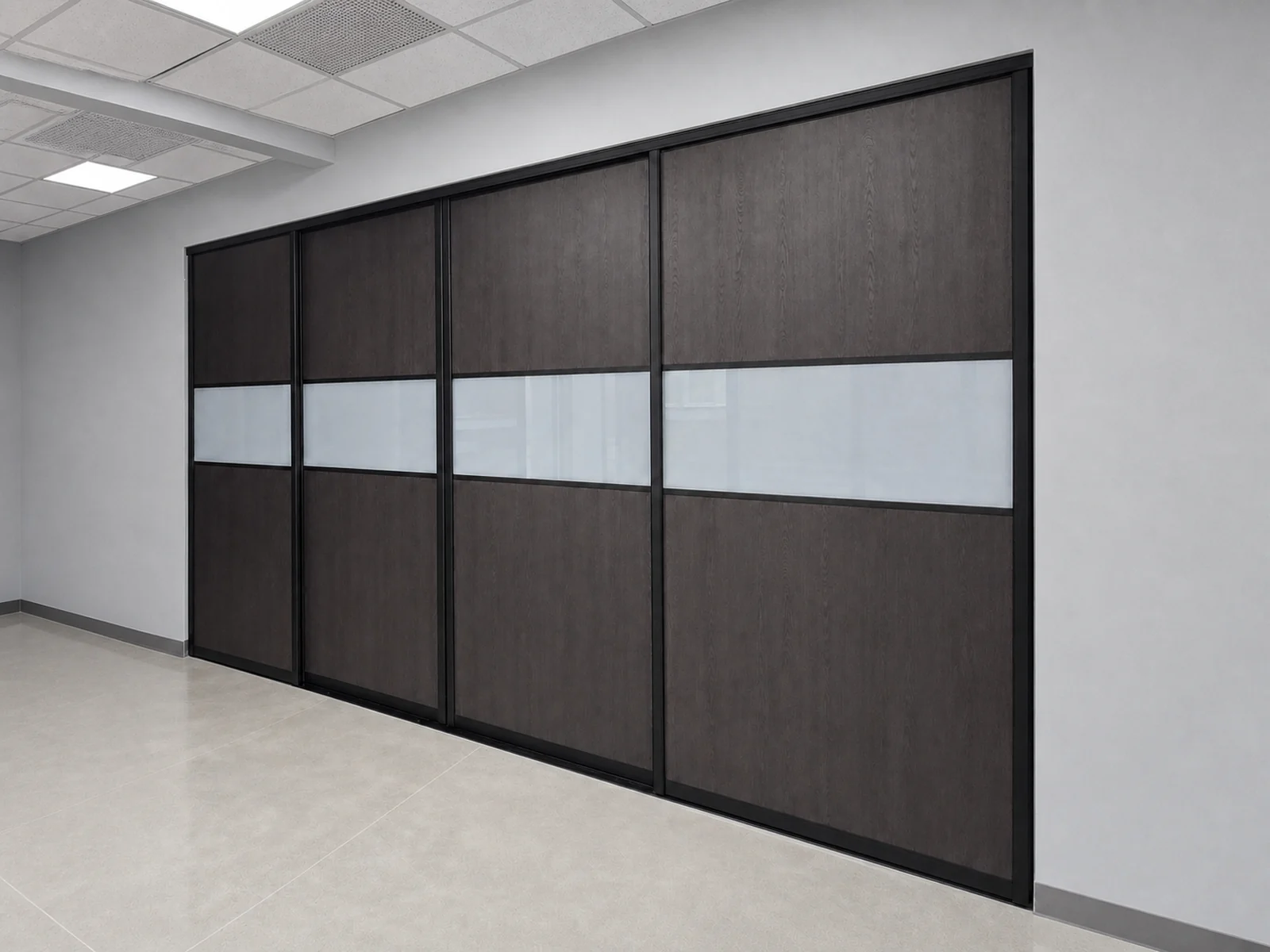 Four extra-wide black-framed sliding doors with dark wood and frosted glass panels.