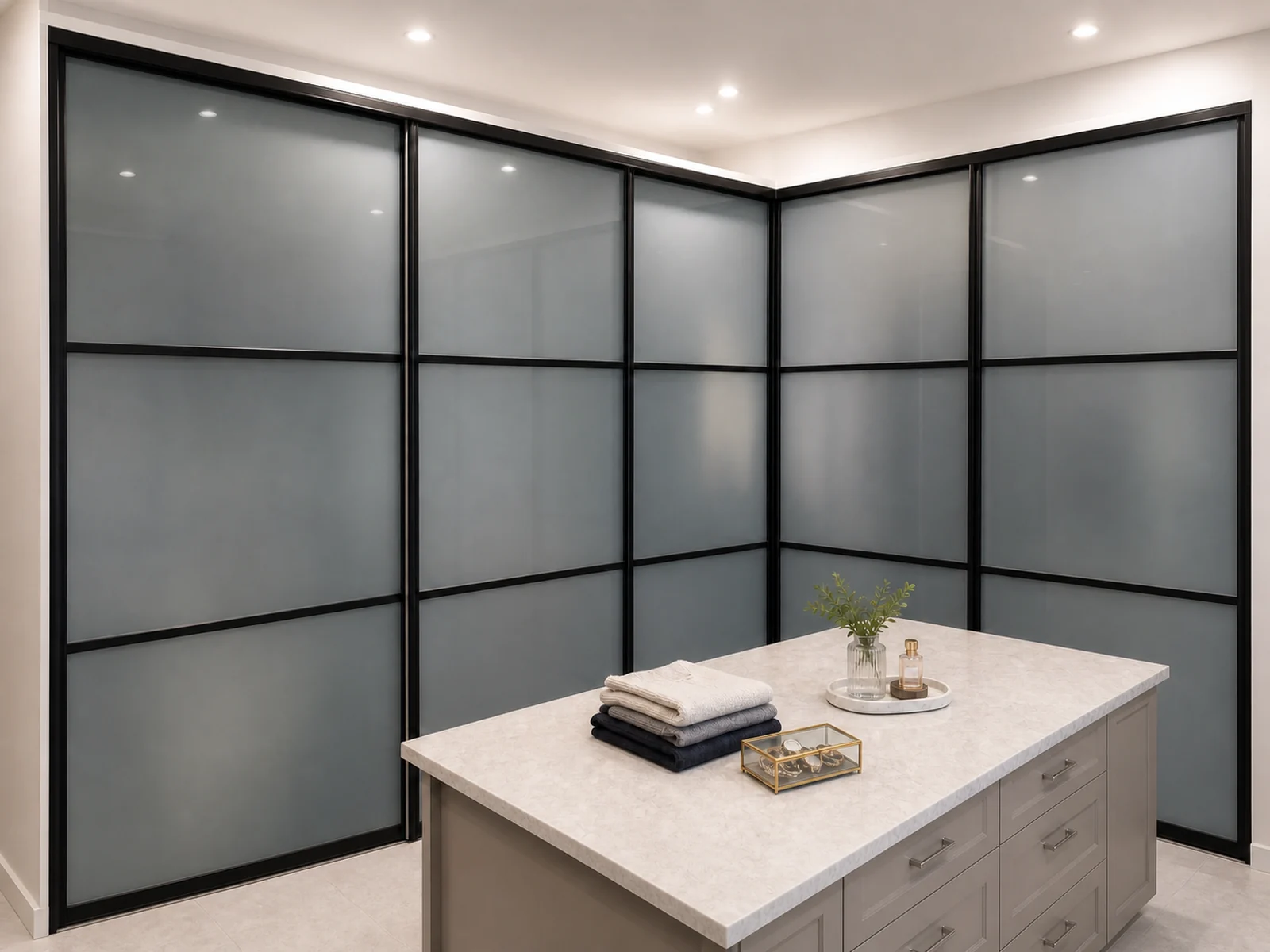 Floor-to-ceiling black-framed sliding doors enclosing a walk-in closet.