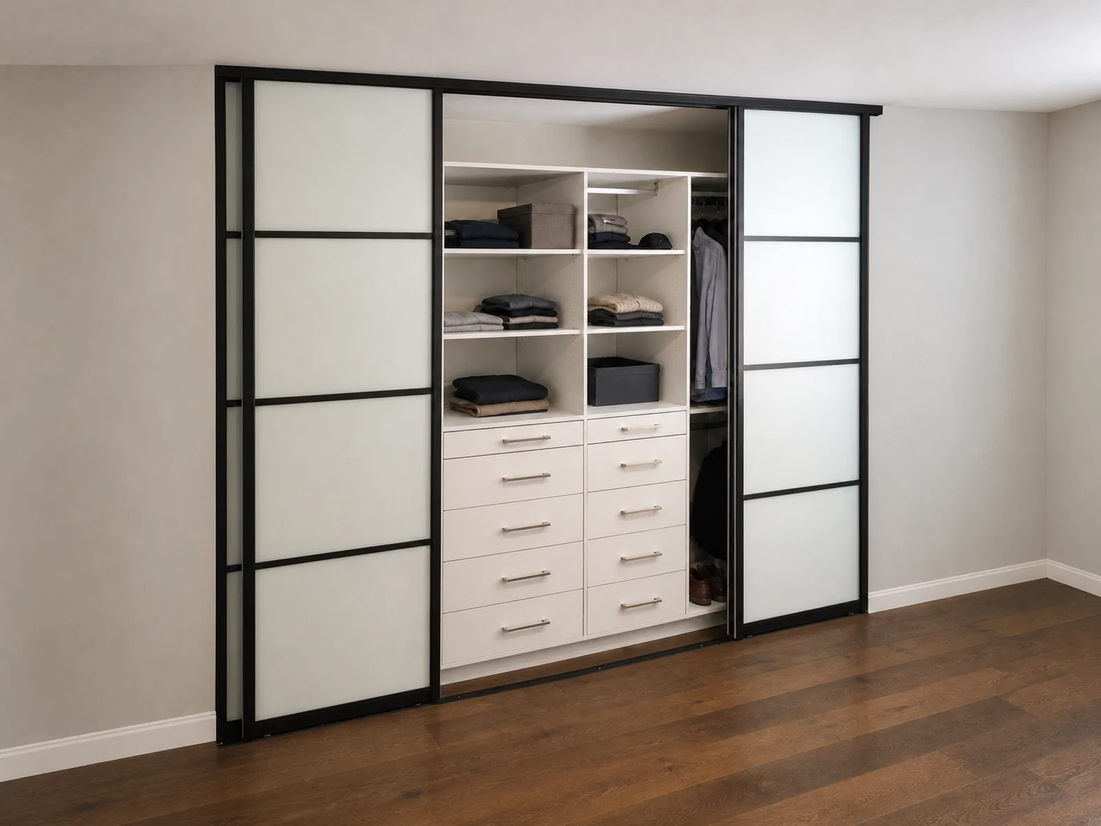Four black-framed closet doors opened from the centre to reveal fitted storage.