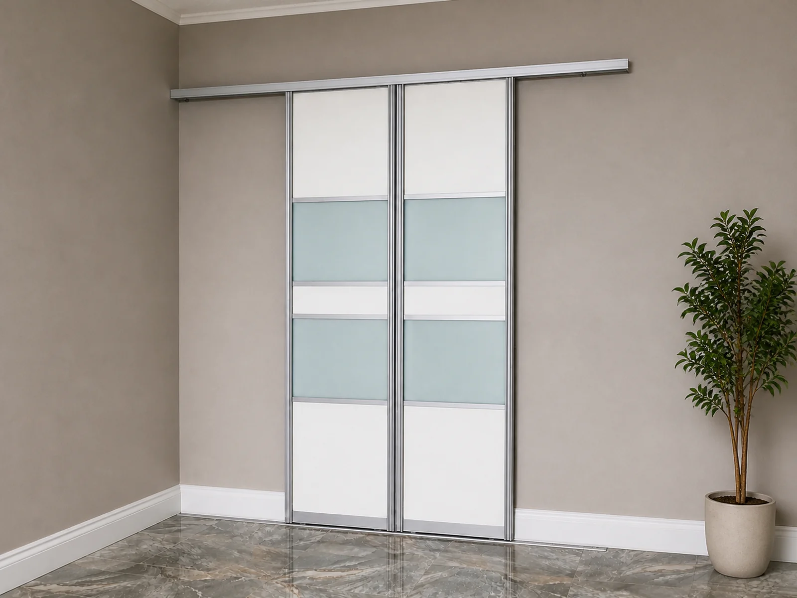 Two narrow sliding doors mounted side by side on a single wall track.