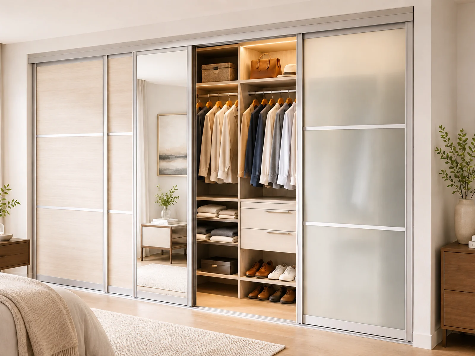 Reach-in closet with four sliding doors combining wood, mirror, and frosted glass panels.