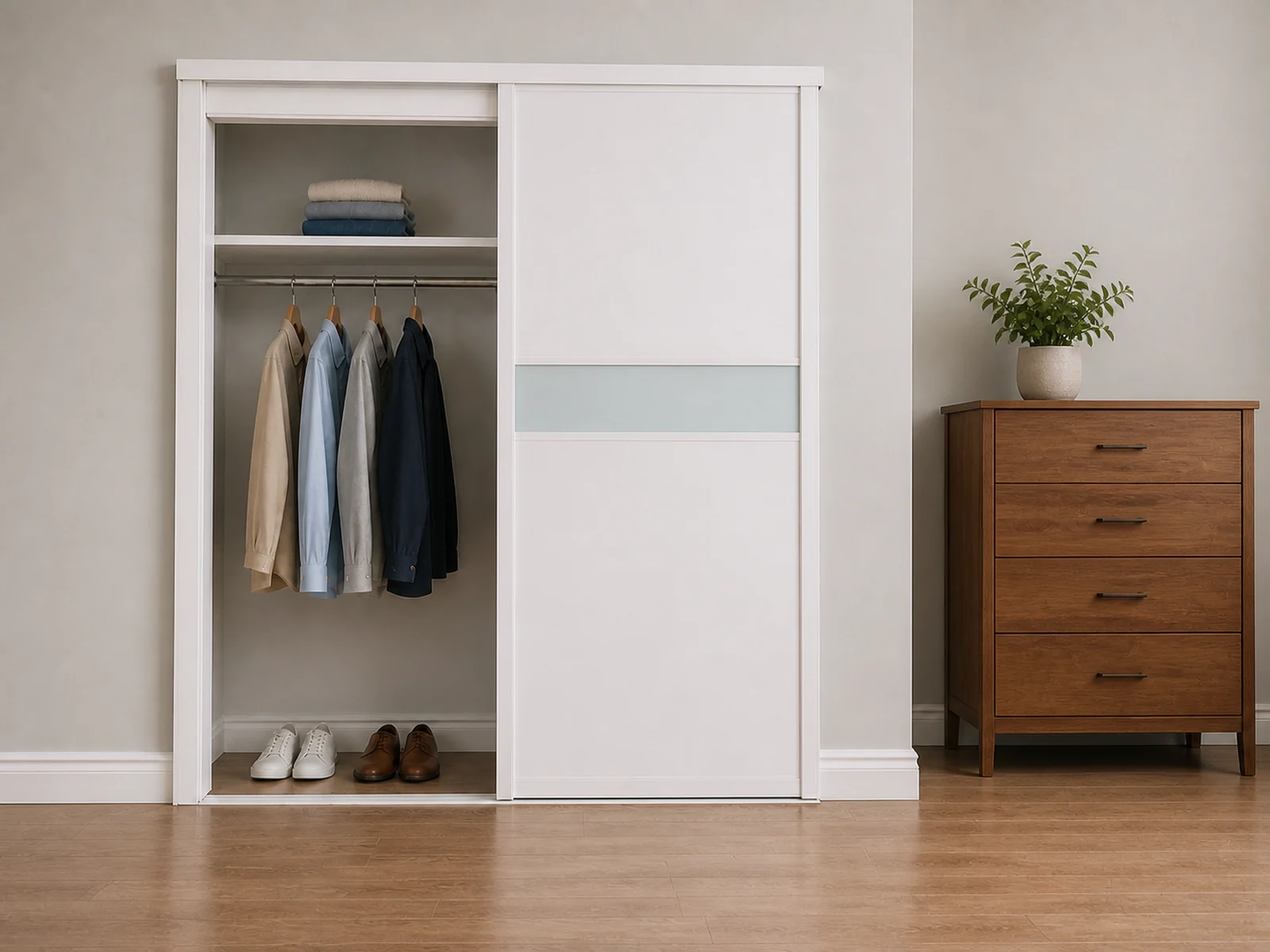Single white sliding door mounted on one track beside an open reach-in closet.