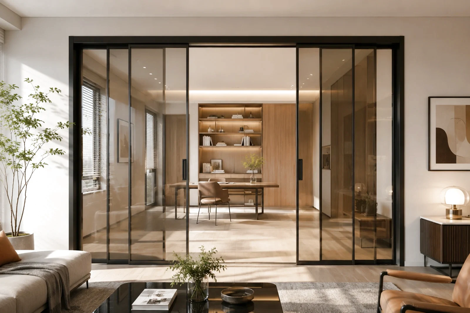 Interior room sliding glass doors separating a modern living space from another room.