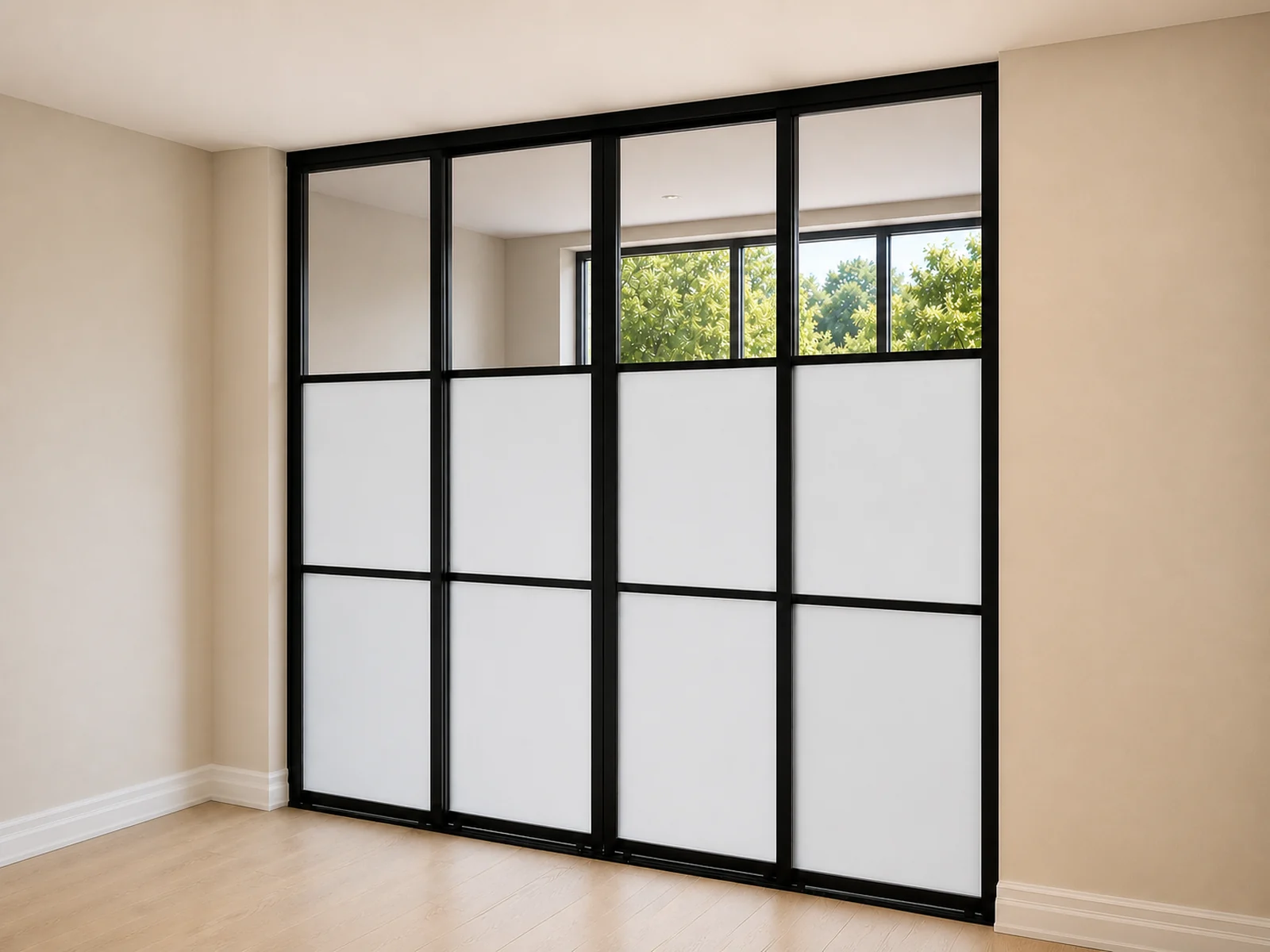 Black-framed sliding doors with clear upper glass sections allowing daylight through.