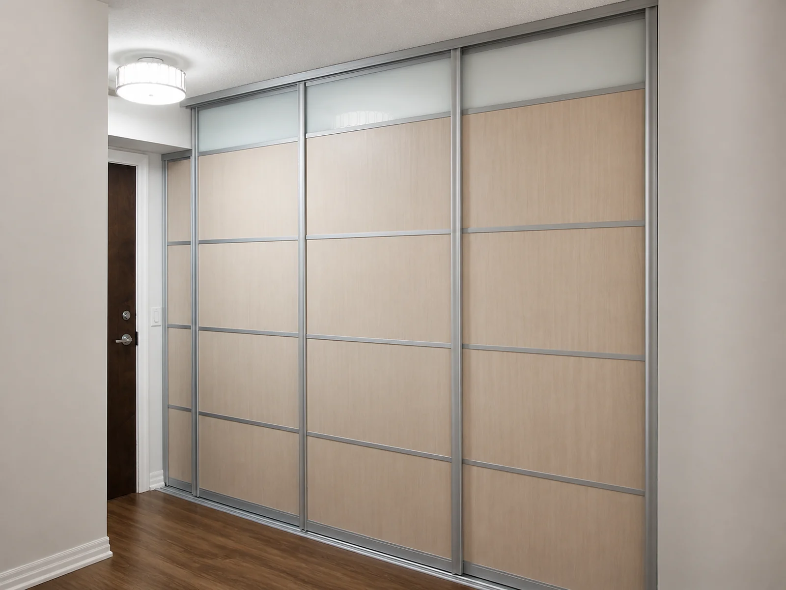 Sliding door system with a fixed upper panel fitted below an existing bulkhead.