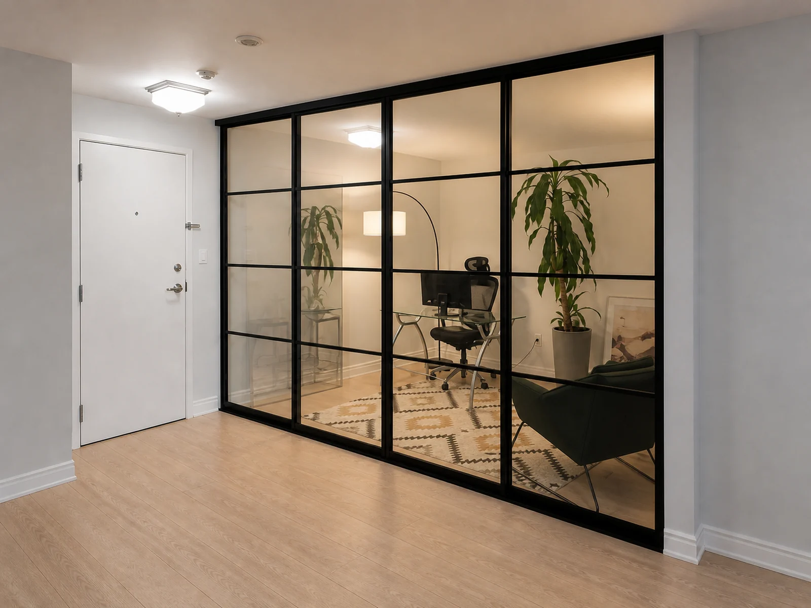 Black-framed clear glass sliding doors enclosing a home studio while preserving visual connection.