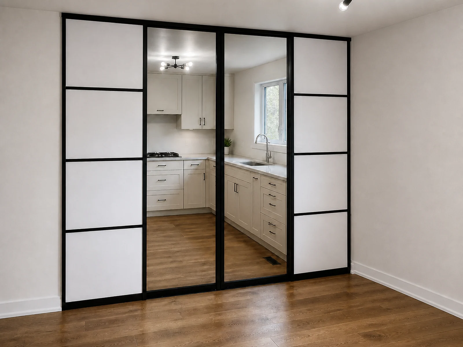 Black-framed sliding doors with frosted side panels and clear centre panels closing a kitchen opening.