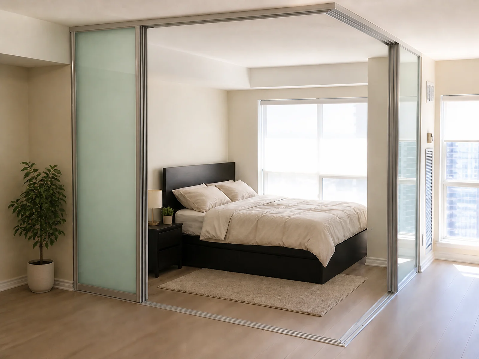 Silver-framed L-shaped sliding doors defining a sleeping area within an open condo.