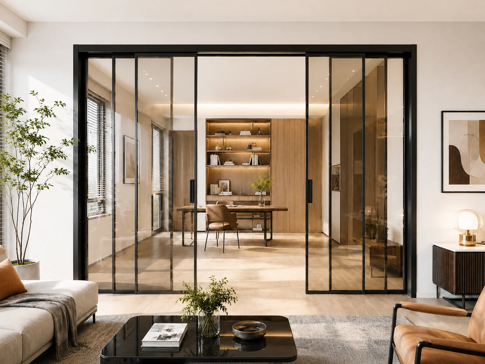Top-hung black-framed clear glass sliding doors separating a home office without a continuous floor track.
