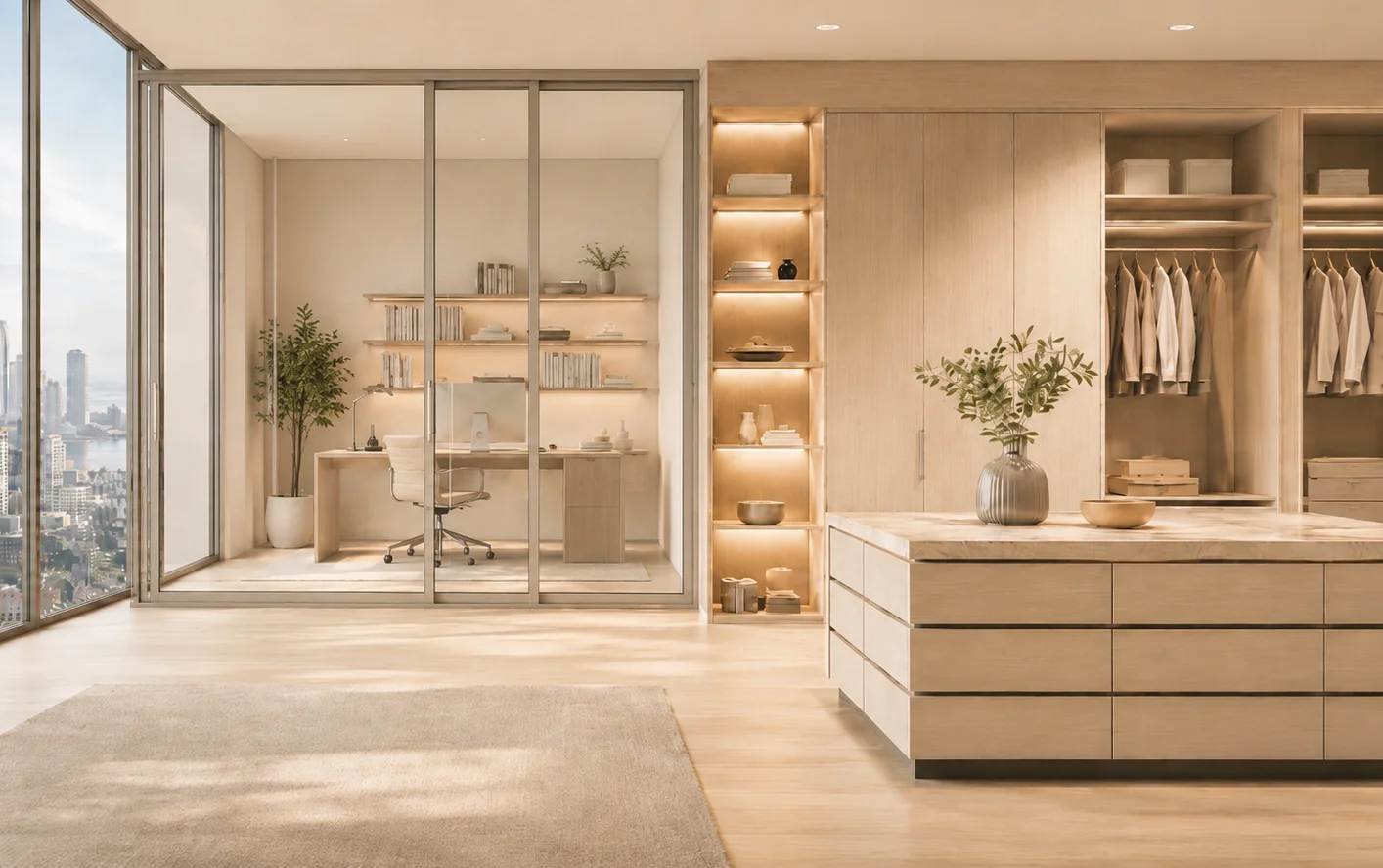 Coordinated home office, wardrobe, display storage, and sliding door design direction