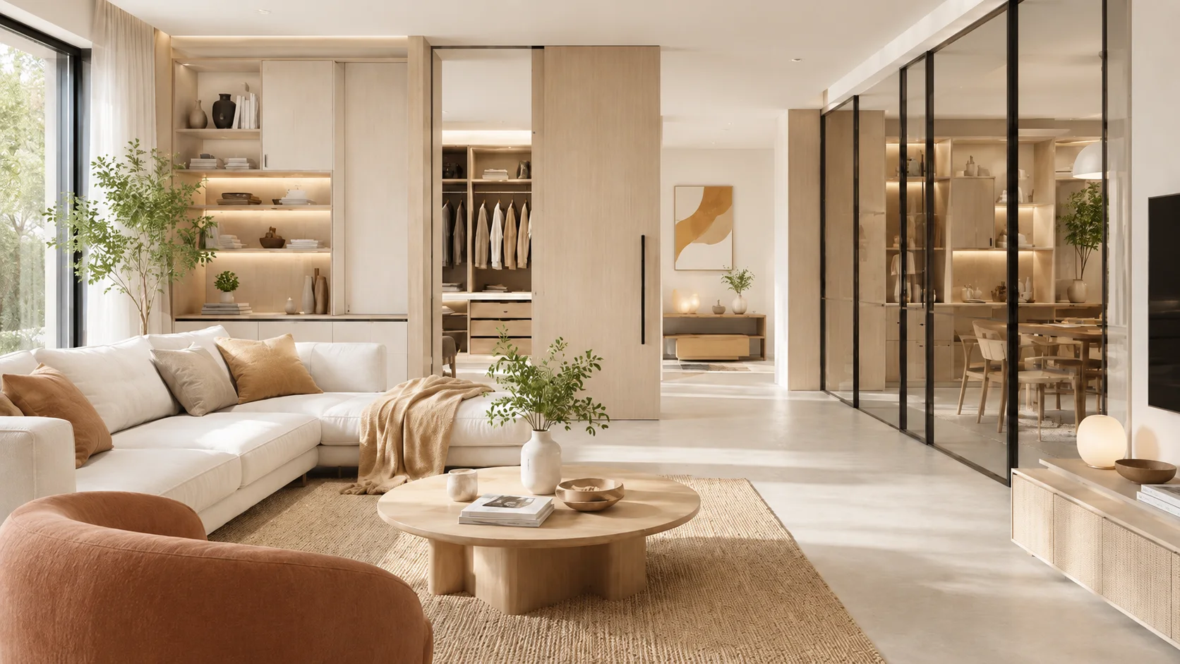 Integrated living area with storage, wardrobe, sliding panels, dining cabinetry, and media storage