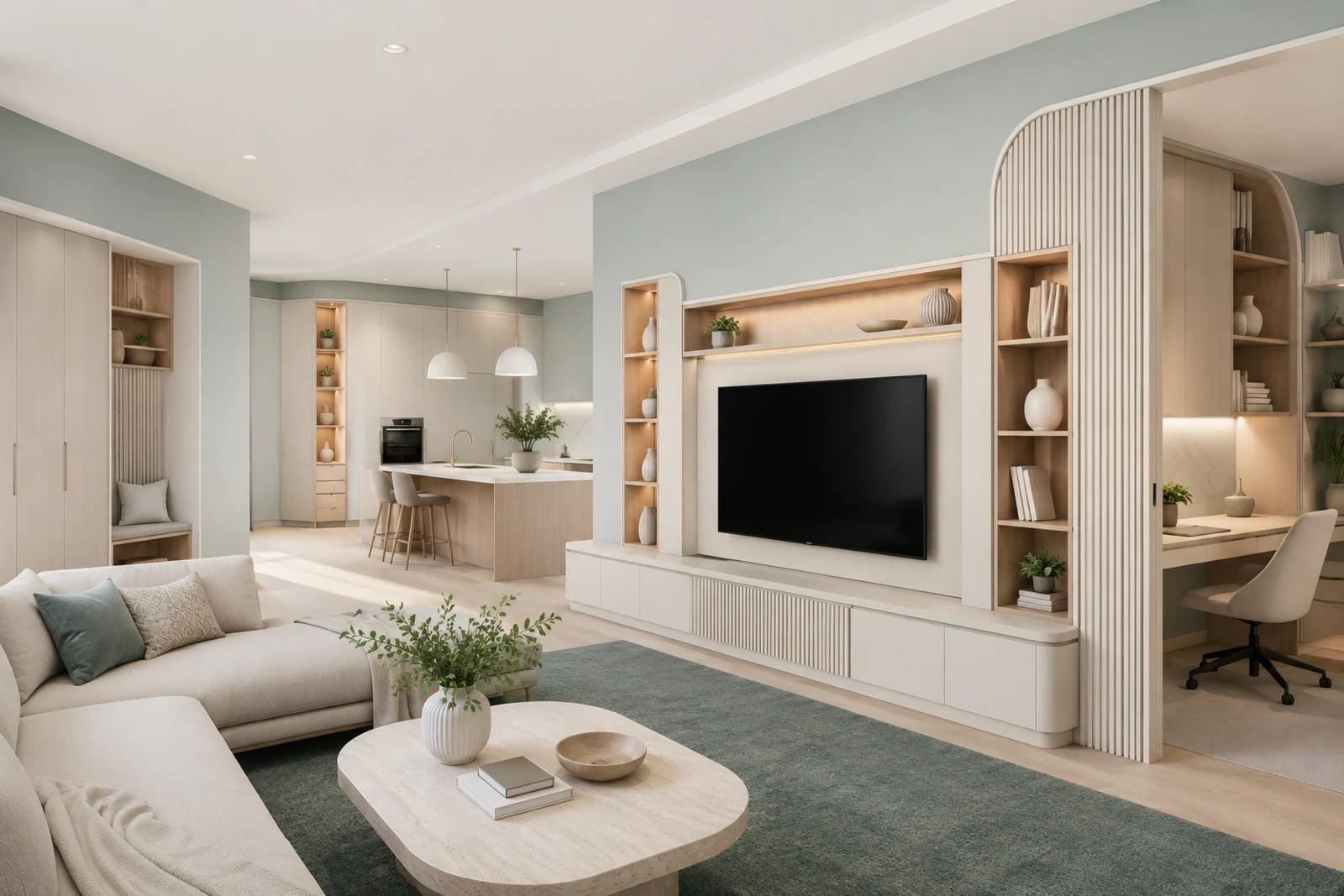 Soft teal grey coordinated whole-home built-in storage and integrated interiors