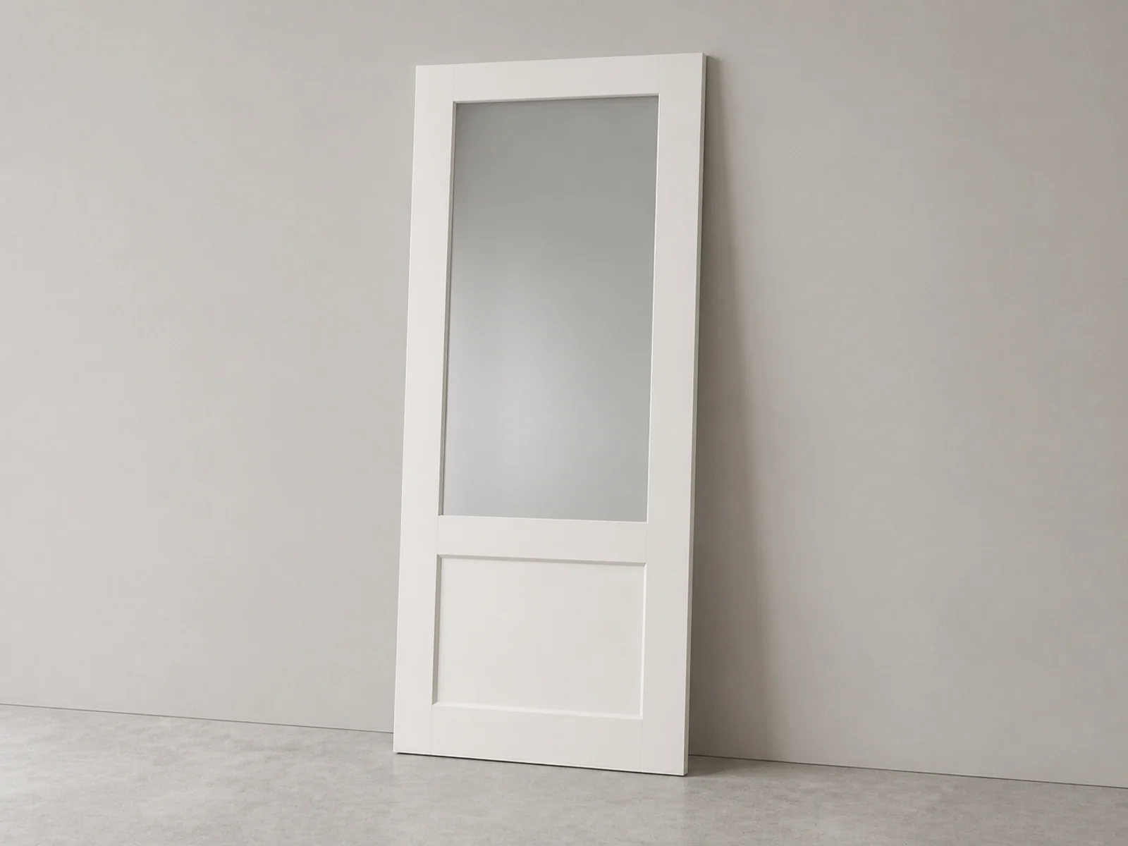 Wood-style door with a large upper glass insert and lower solid panel.
