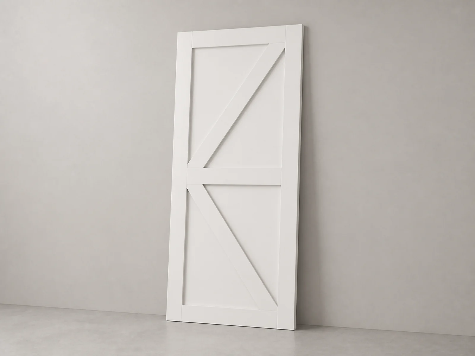 Layered barn-style door with recessed panels and diagonal trim.