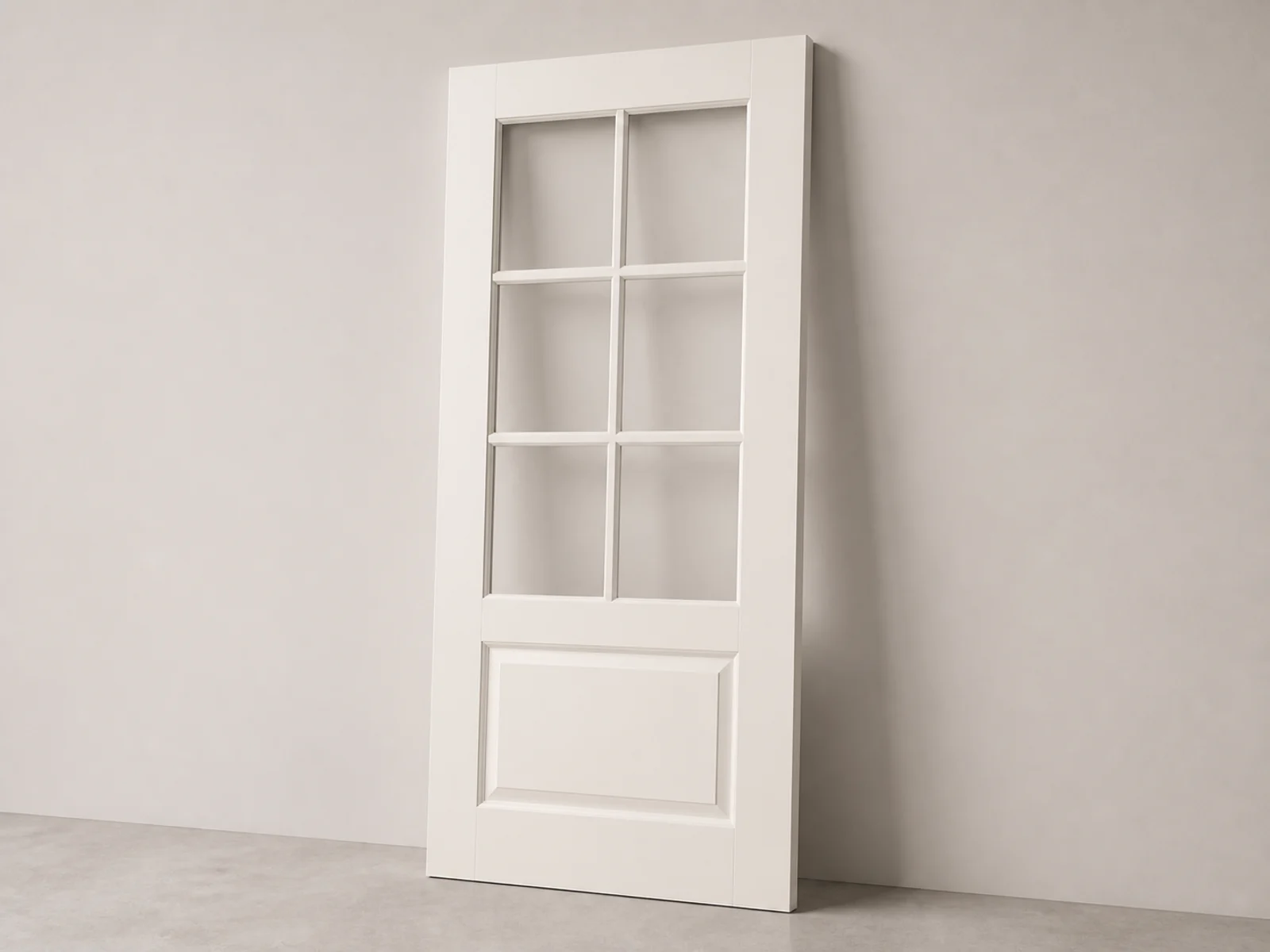Wood-style door with six divided glass panes above a raised solid panel.