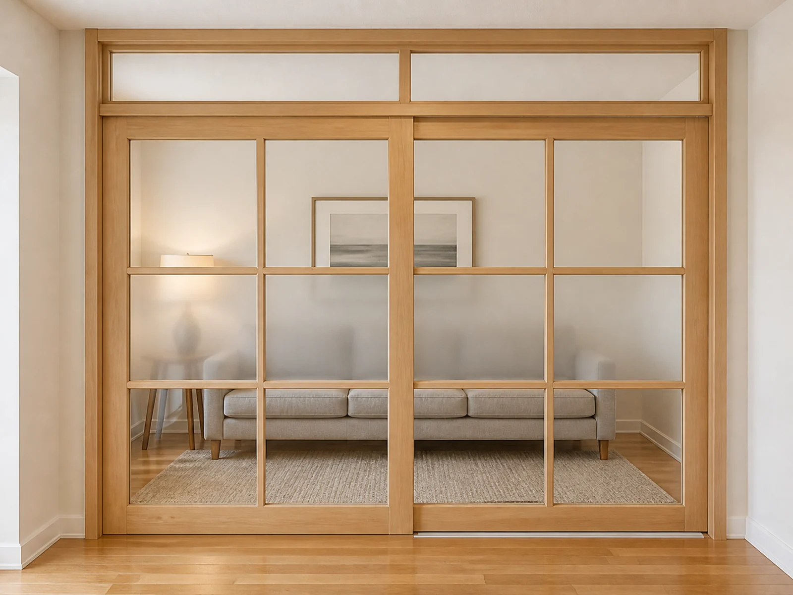 Wood-style sliding room divider with fixed panels, glass sections, and a visible bottom floor track.
