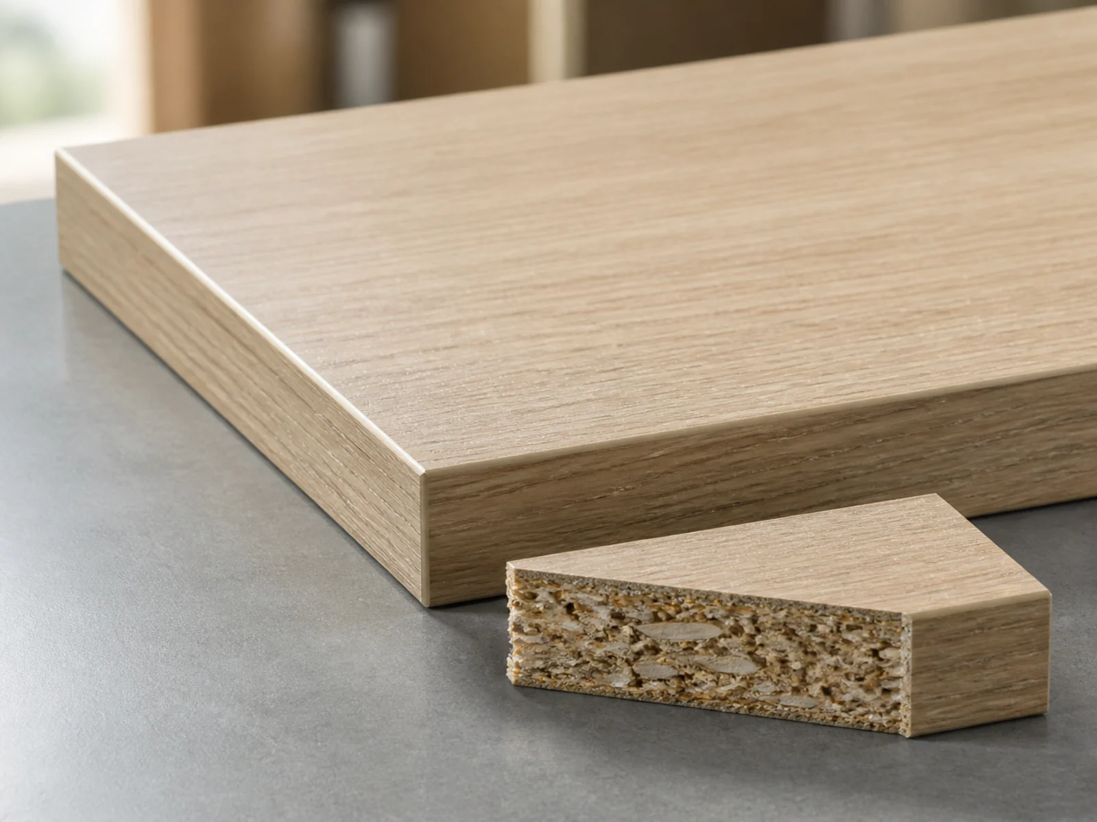 Wood-look melamine-faced particleboard with a sample exposing the particleboard core.