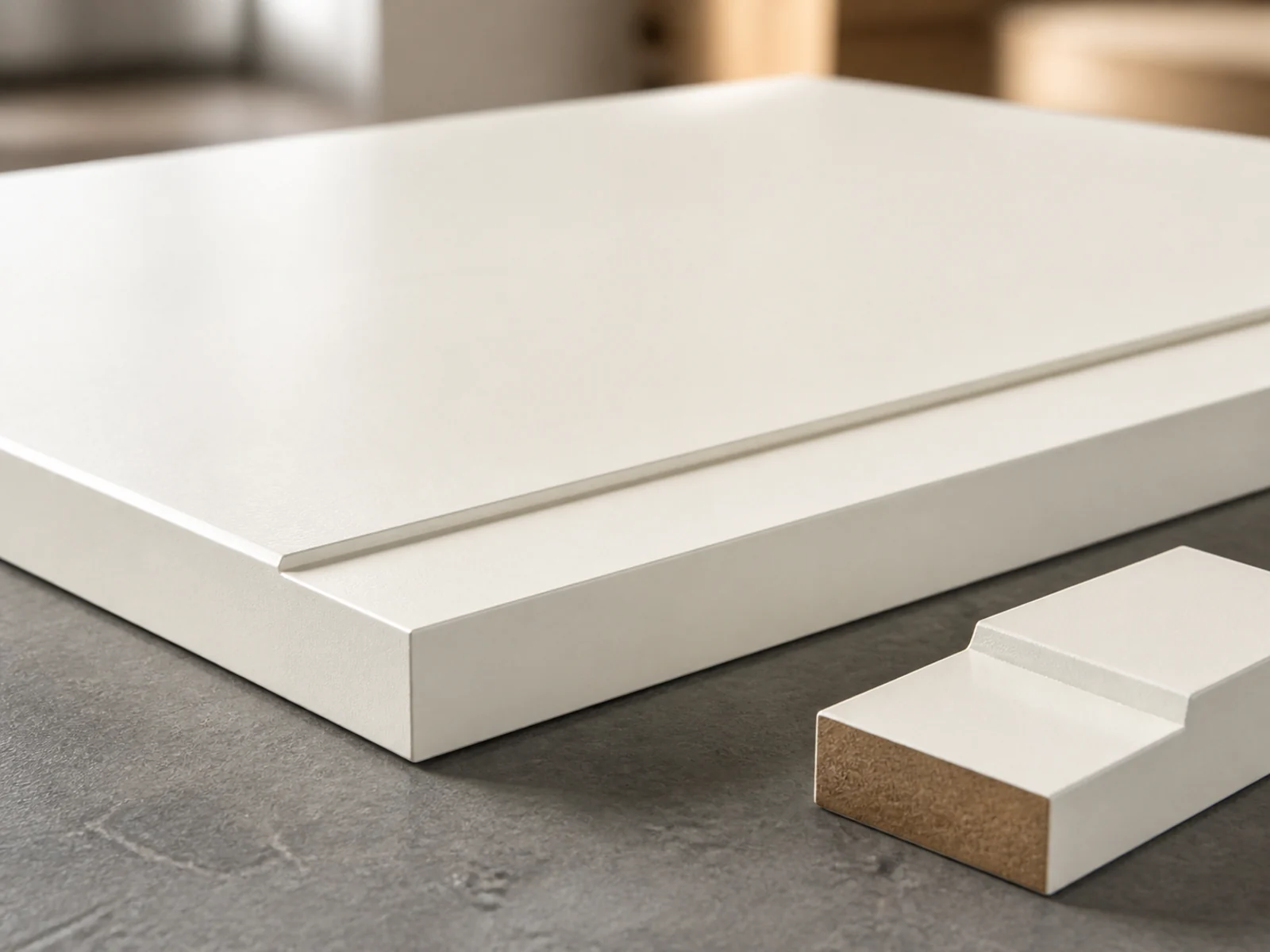 Smooth white painted MDF panels with a sample exposing the MDF core.