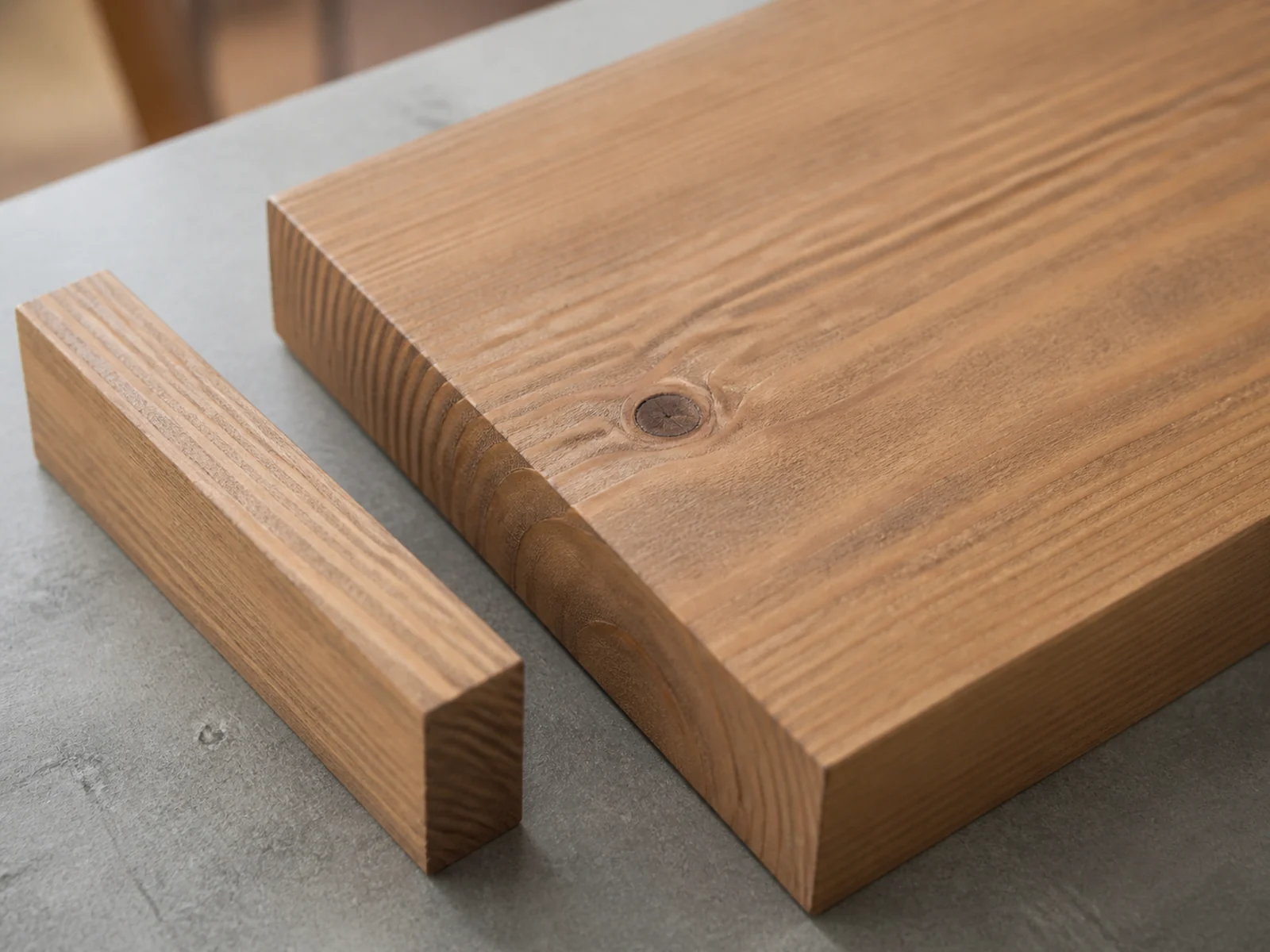 Solid wood boards showing natural grain and solid end grain.